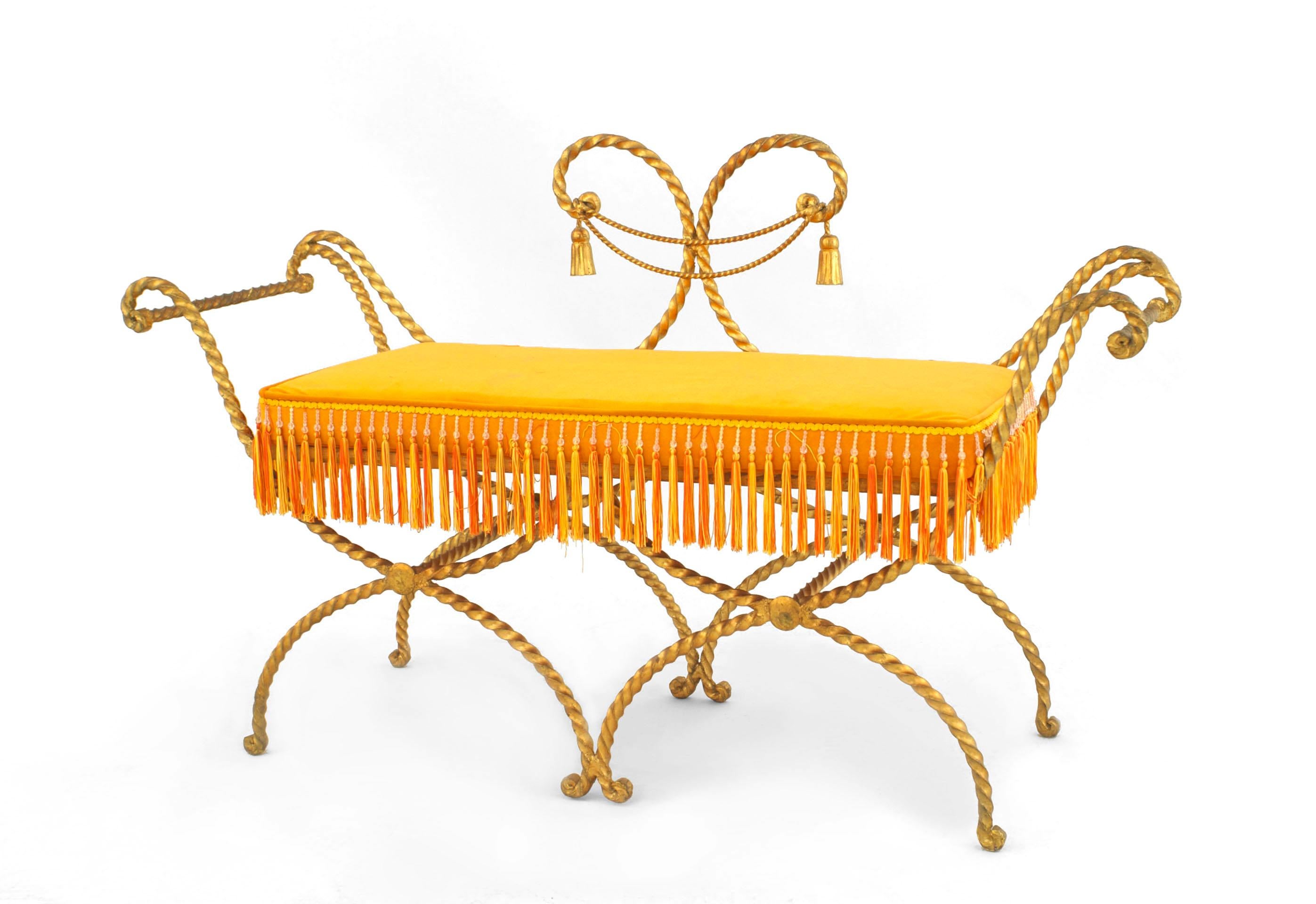 Gilt metal Rope and Tassel design loveseat with open swag design back and mesh seat (20th Cent)
