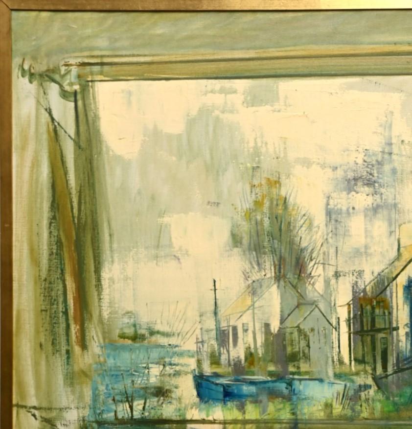 Stanley Sobossek (estadounidense, 1918-1996), Vista a través de una ventana, óleo sobre lienzo, firmado abajo a la izquierda.

Esta obra del artista estadounidense Stanley Sobossek representa una vista impresionista de un paisaje rural visto a