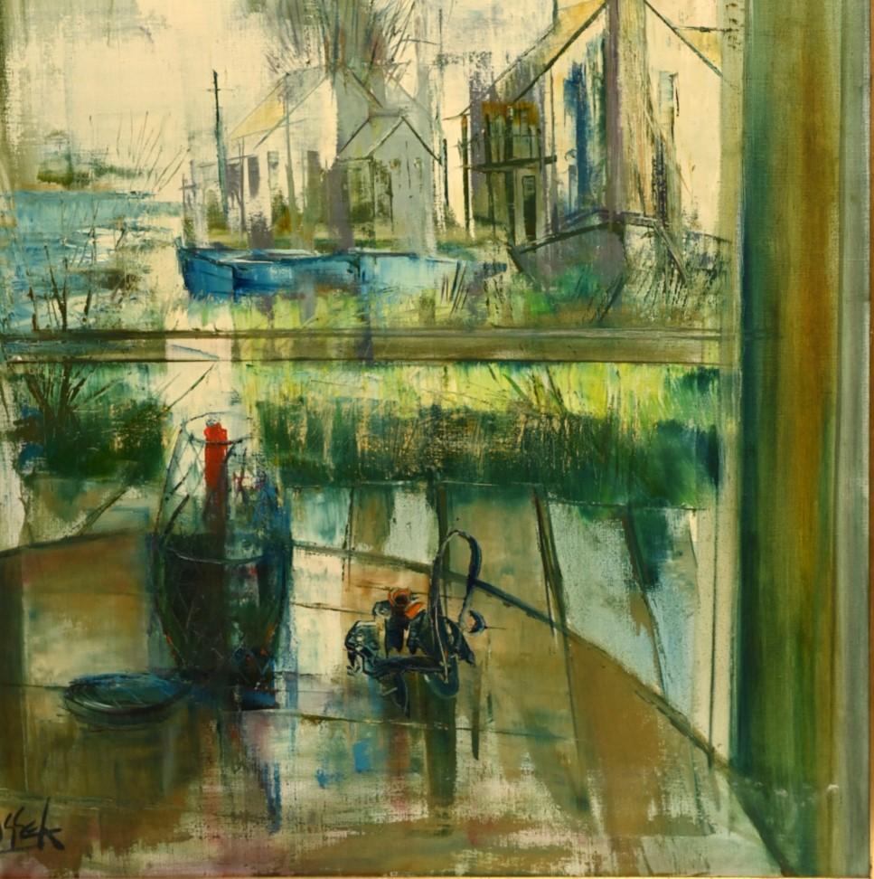 Siglo XX Americano, Stanley Sobossek, Óleo impresionista sobre lienzo - Vista de ventana en Bueno estado para la venta en Morristown, NJ