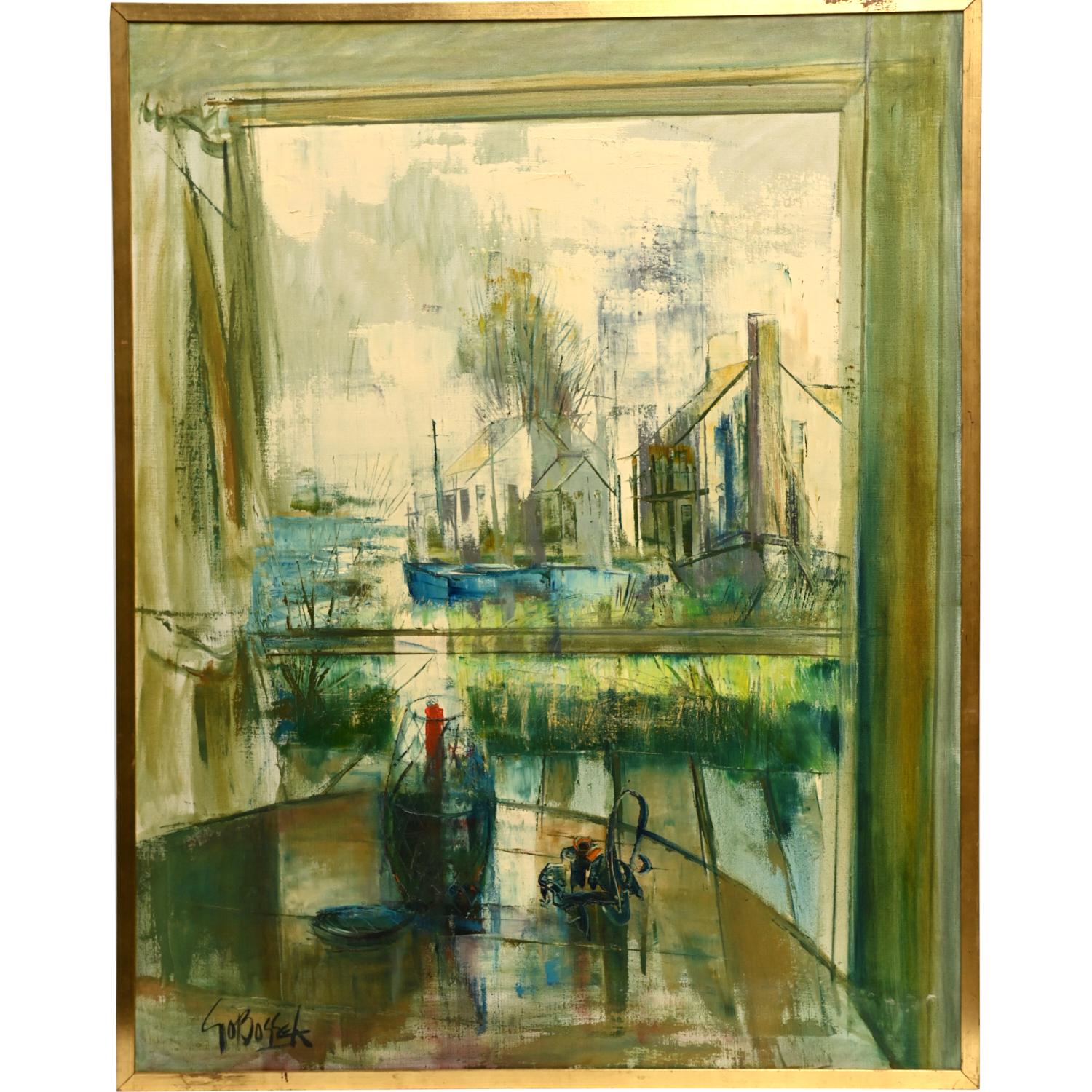Siglo XX Americano, Stanley Sobossek, Óleo impresionista sobre lienzo - Vista de ventana Lienzo en venta