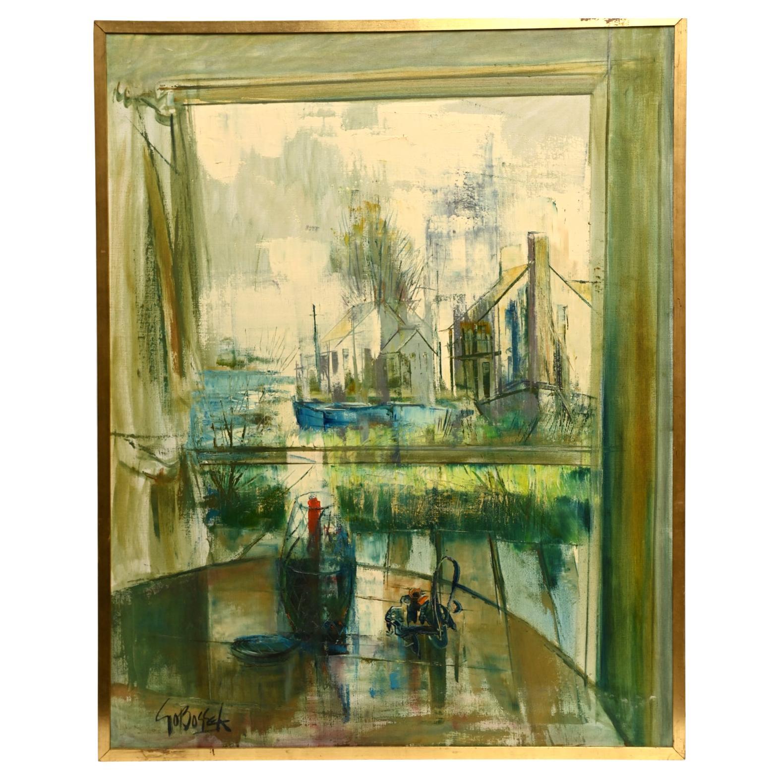 20th C. American, Stanley Sobossek, Impressionist Oil on Canvas - Window View