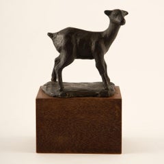 20th C Antique Bronze Baby Goat on Wooden Plinth, Signed KEN