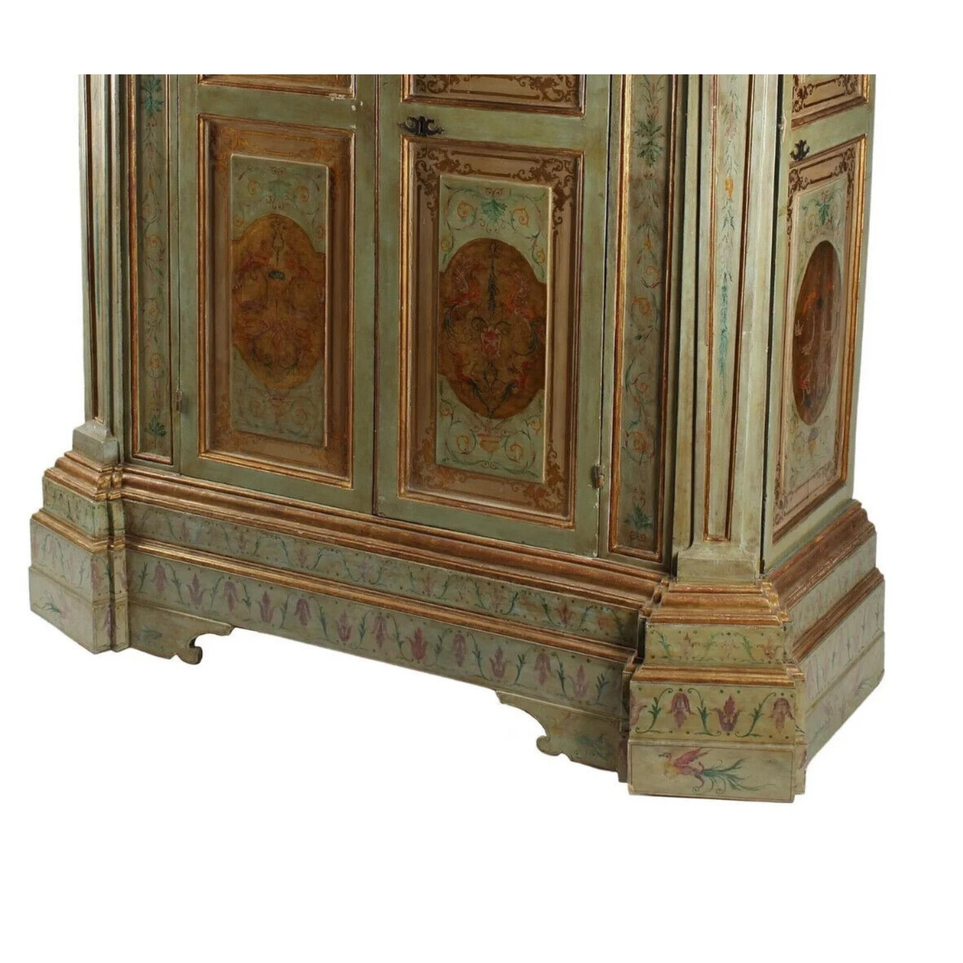 Wood 20th C. Antique Continental, Parcel Gilt & Paint Decorated Armoire For Sale