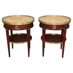 20th c Antique French Louis XVI Style Marble Top & Bronzo Ormolu End Tables