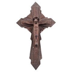 20th C., Antique Jesus Wall Cross with an Engraved Exhortation to Mercy