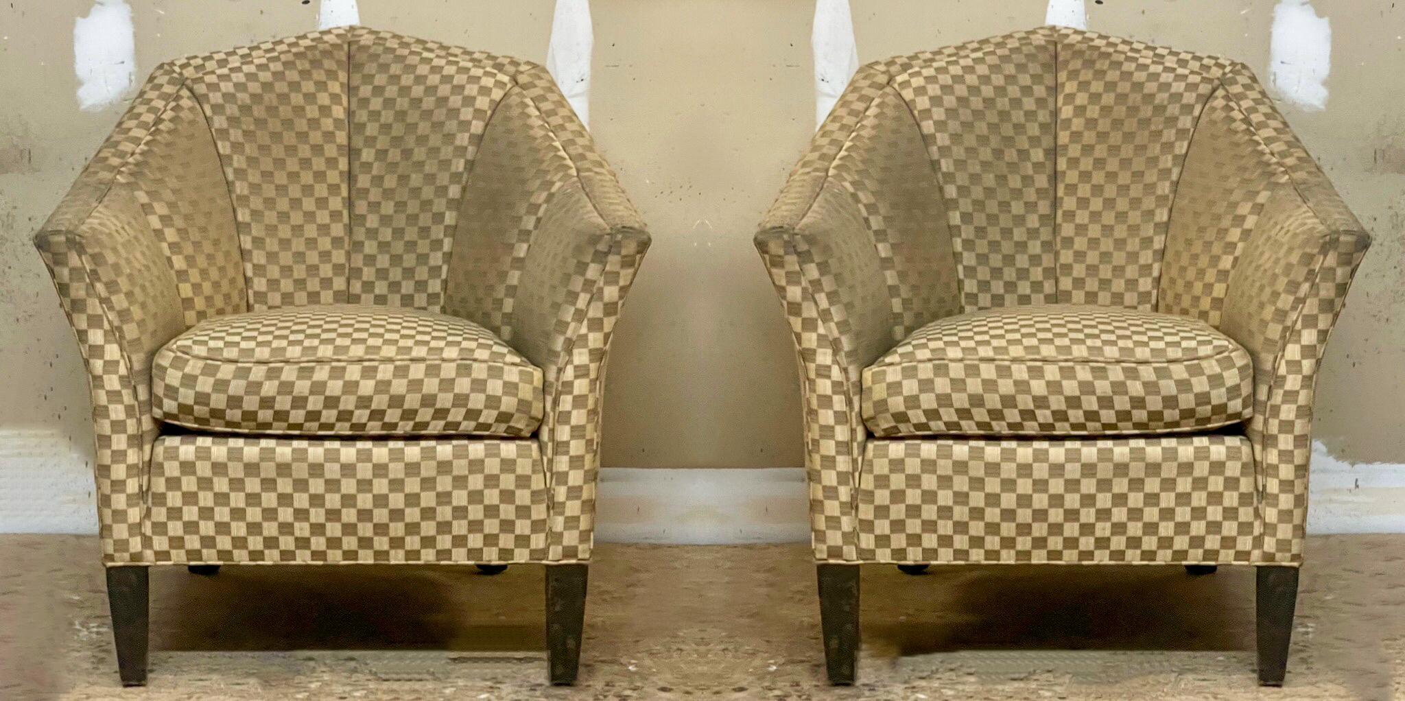 Please note the upholstery needs replacing!

This is a pair of Art Deco style channel back club chairs by TRS for Theodore Alexander. Although the upholstery is not strong, it is difficult to miss the quality of the frame and form. They are