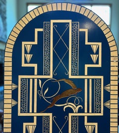 20th C. Art Deco Style Three-Panel Folding Screen in Cobalt Blue and Gilt Tones