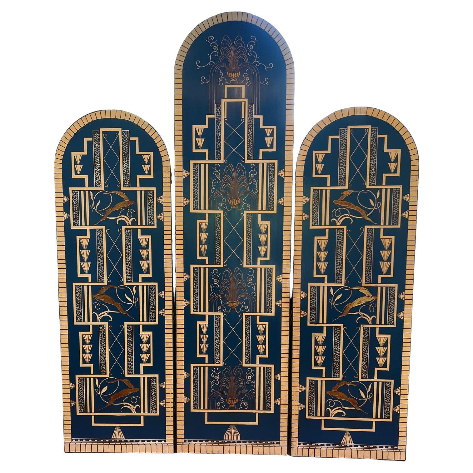 20th C. Art Deco Style Three-Panel Folding Screen in Cobalt Blue and Gilt Tones
