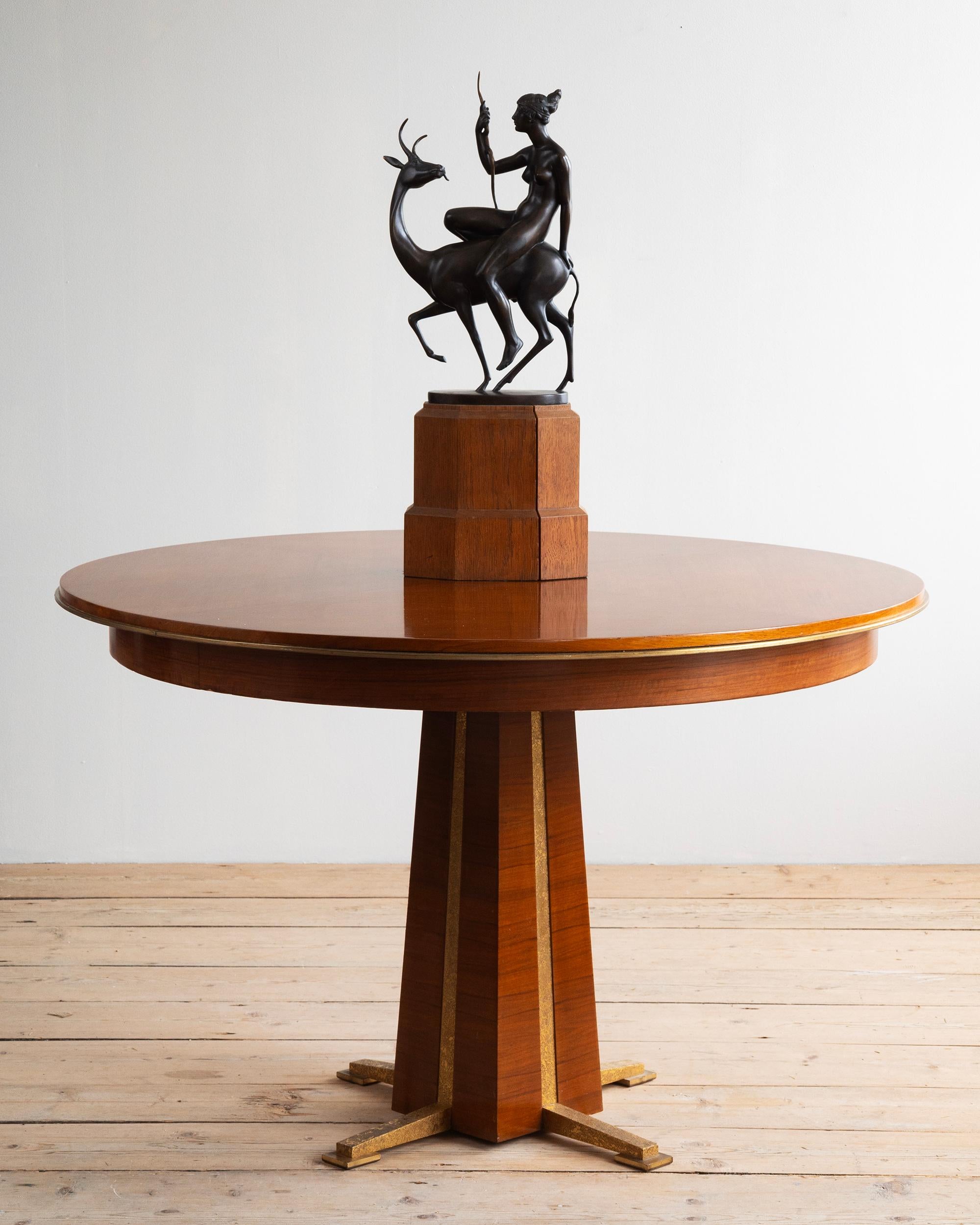Early 20th c, French Art Deco table in rosewood veneer and etched brass designed by Andre Domin (1883 - 1962) & Marcel Genevriere (1885 - 1967) for Dominique Mason. France 1930s.