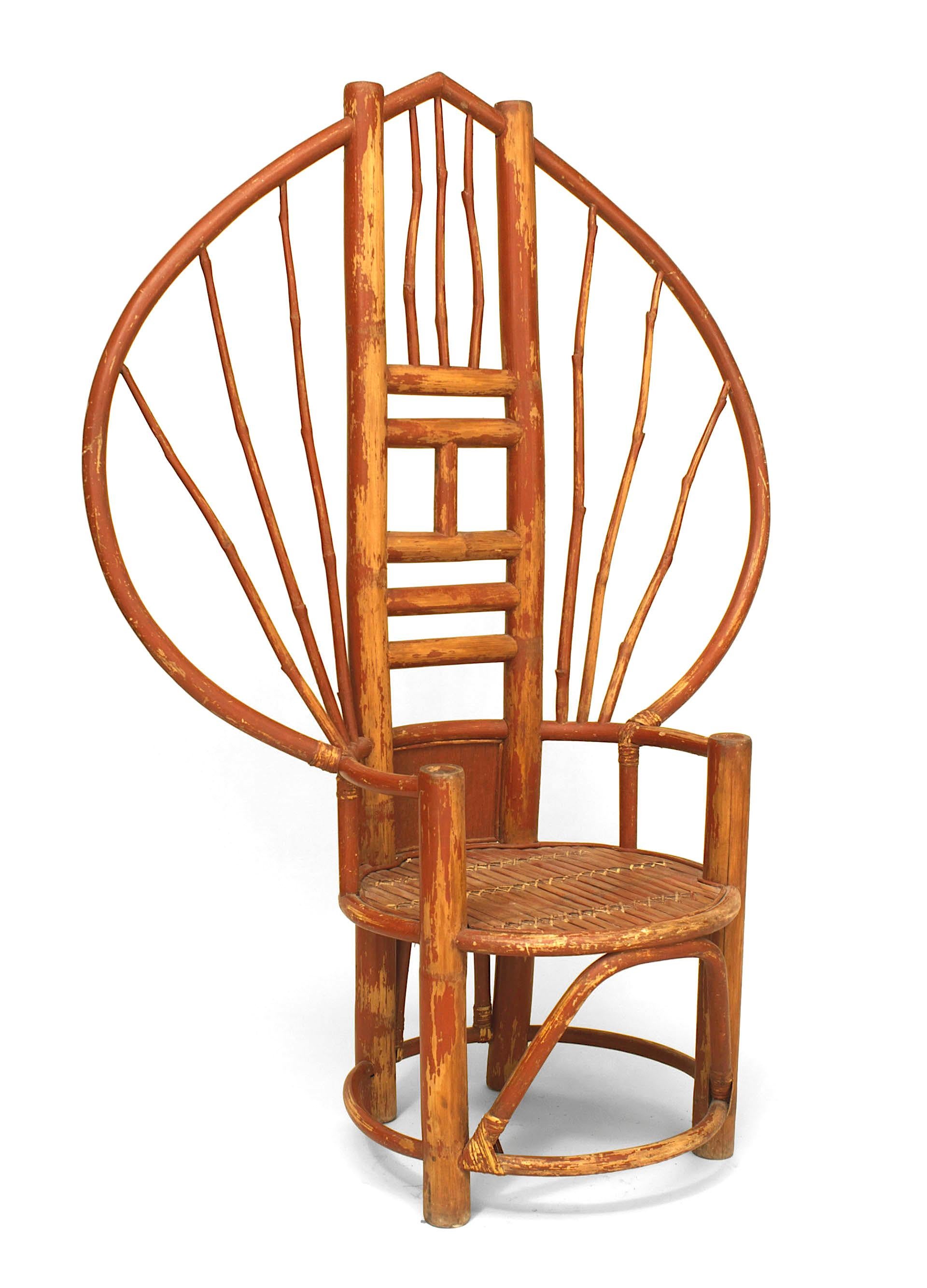 Asian (possibly Japanese) bamboo fan back throne chair with a rough red painted finish and round seat with a slat and woven design
