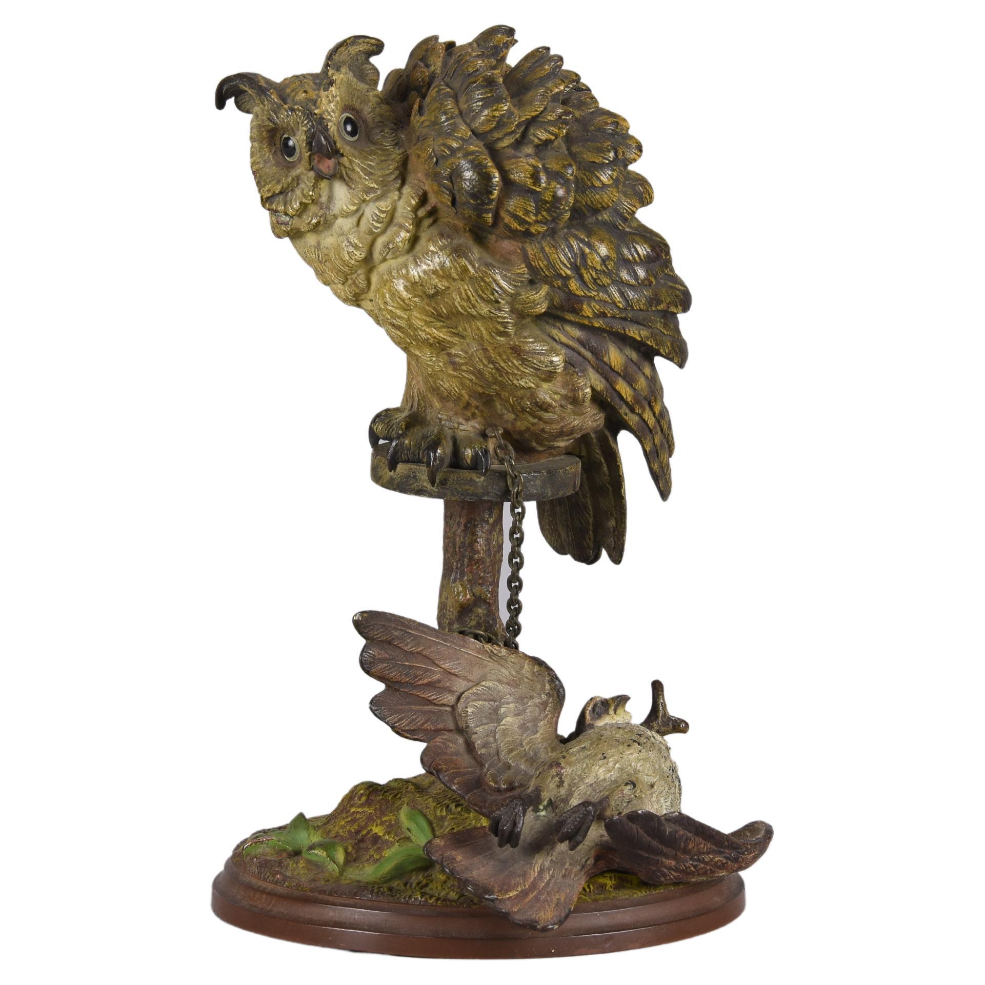 20th C Austrian Cold-Painted Bronze Entitled "Hunting Owl" by Franz Bergman For Sale