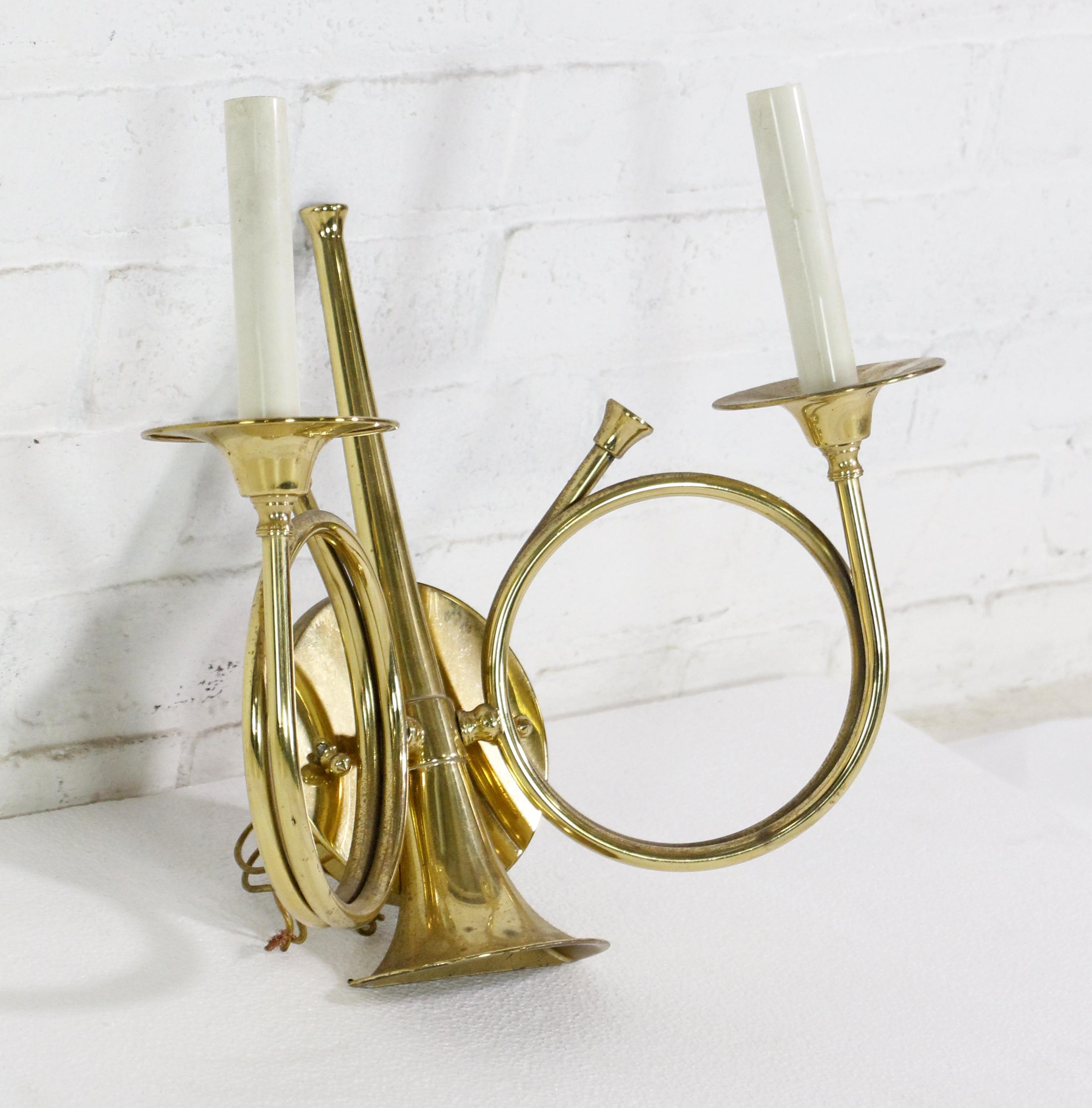 Brass 2 Arm French Trumpet Sconce Quantity Available by Frederick Cooper In Good Condition In New York, NY