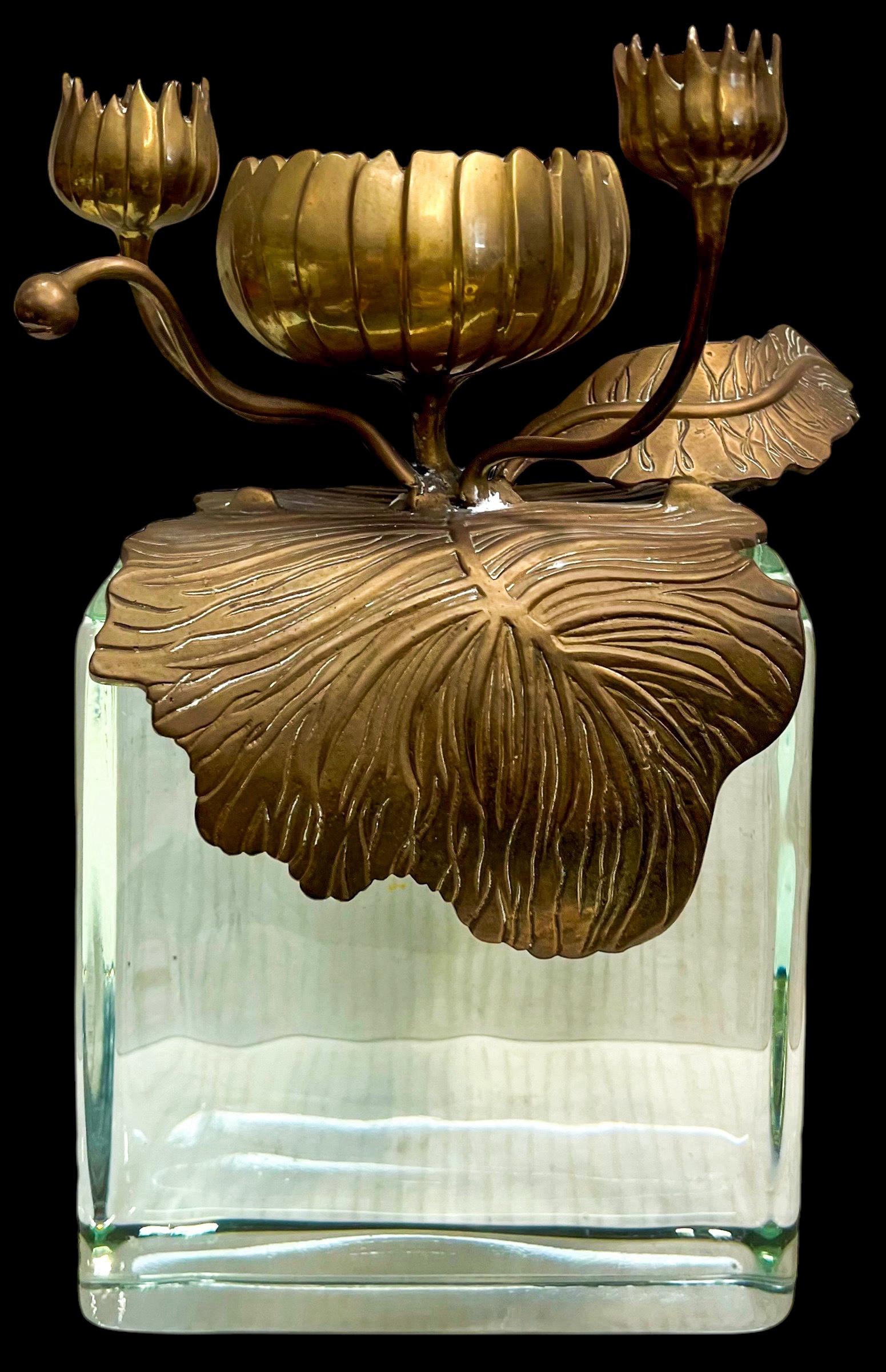 20th-C. Bronze Art Nouveau Style Lotus Form Candle Holder By Chapman For Sale 4