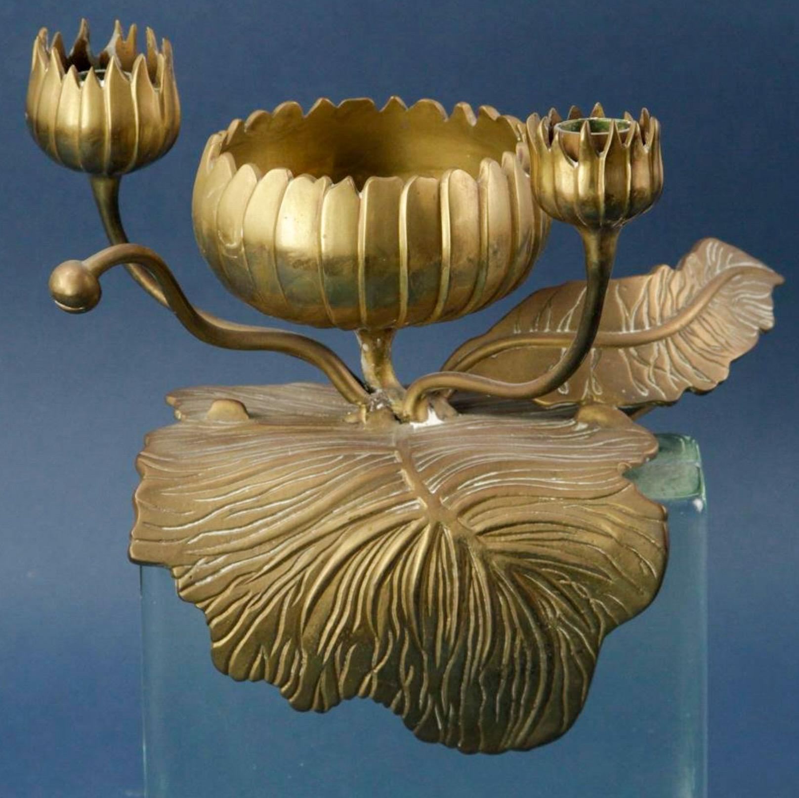 20th-C. Bronze Art Nouveau Style Lotus Form Candle Holder By Chapman In Good Condition For Sale In Kennesaw, GA