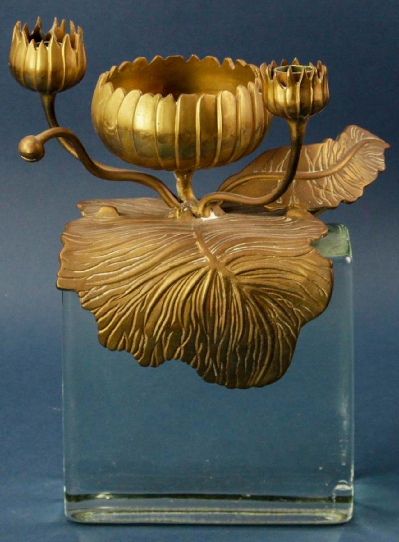 20th-C. Bronze Art Nouveau Style Lotus Form Candle Holder By Chapman For Sale 3