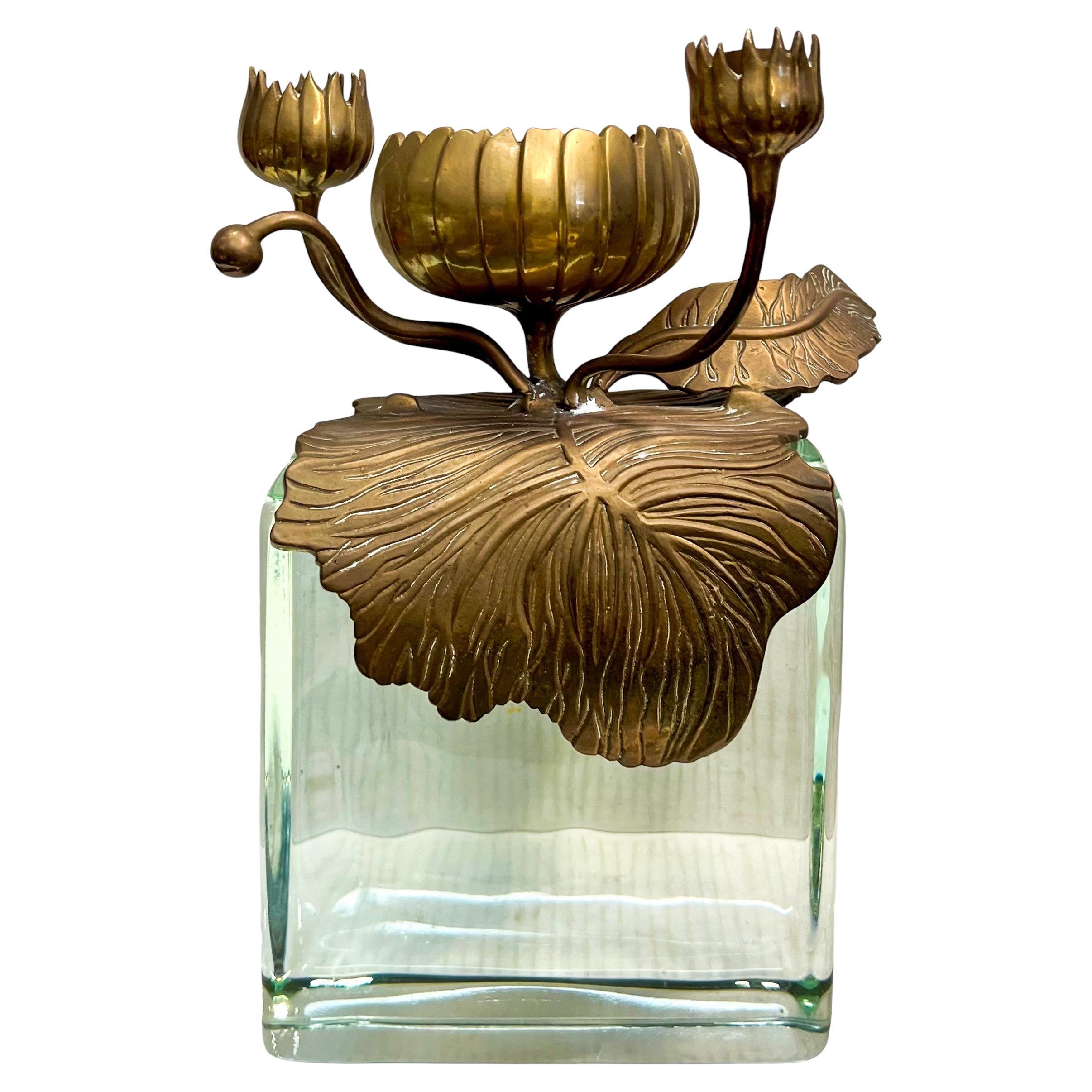 20th-C. Bronze Art Nouveau Style Lotus Form Candle Holder By Chapman