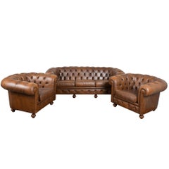 20th C. Brown Leather Chesterfield Sofa & 2 Club Chairs from Denmark (set of 3)