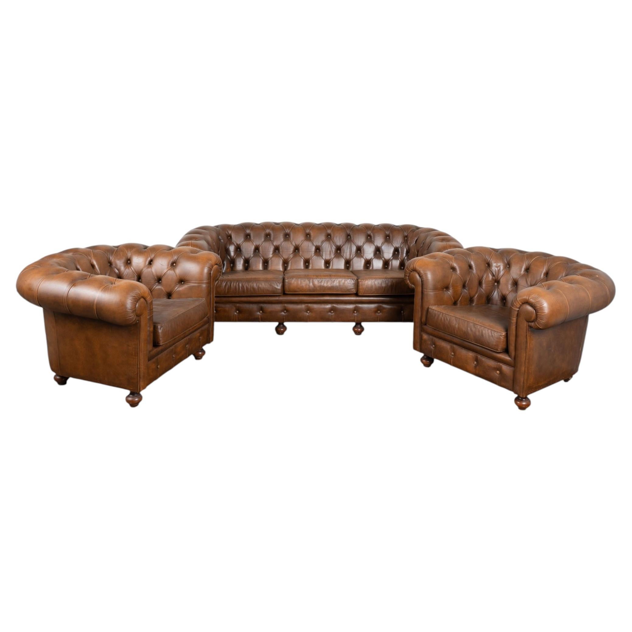 20th C. Brown Leather Chesterfield Sofa & 2 Club Chairs from Denmark (set of 3)
