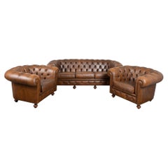 20th C. Brown Leather Chesterfield Sofa & 2 Club Chairs from Denmark (set of 3)
