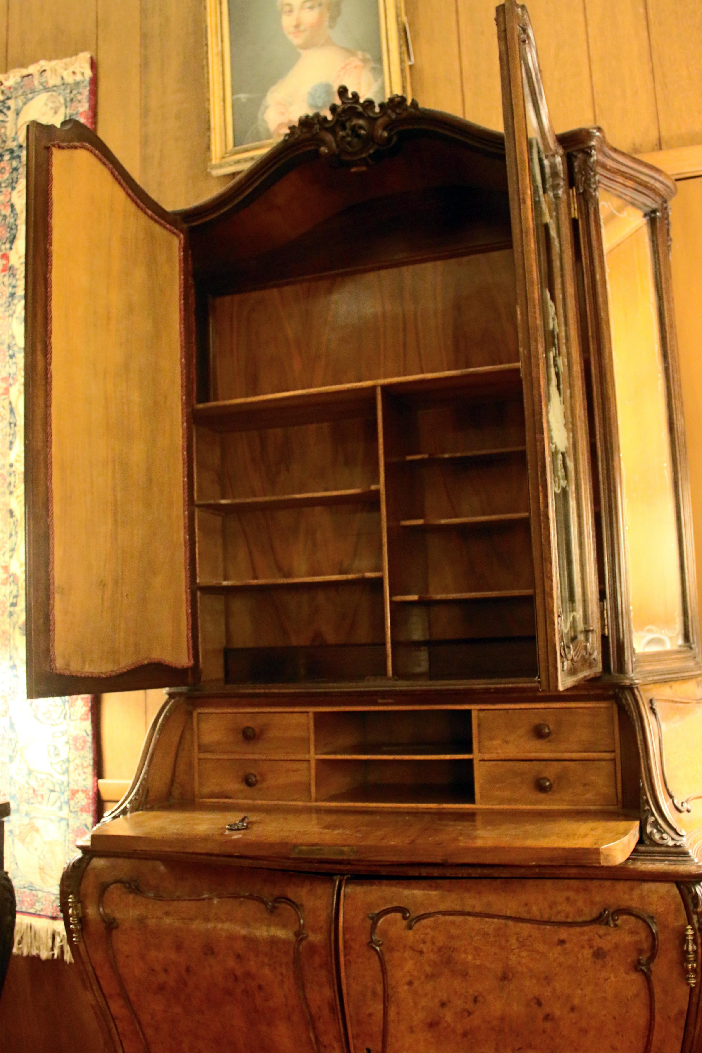 Louis XV 20th Century Burl Walnut Bombe Secretary Bookcase with Etched Glass Doors For Sale
