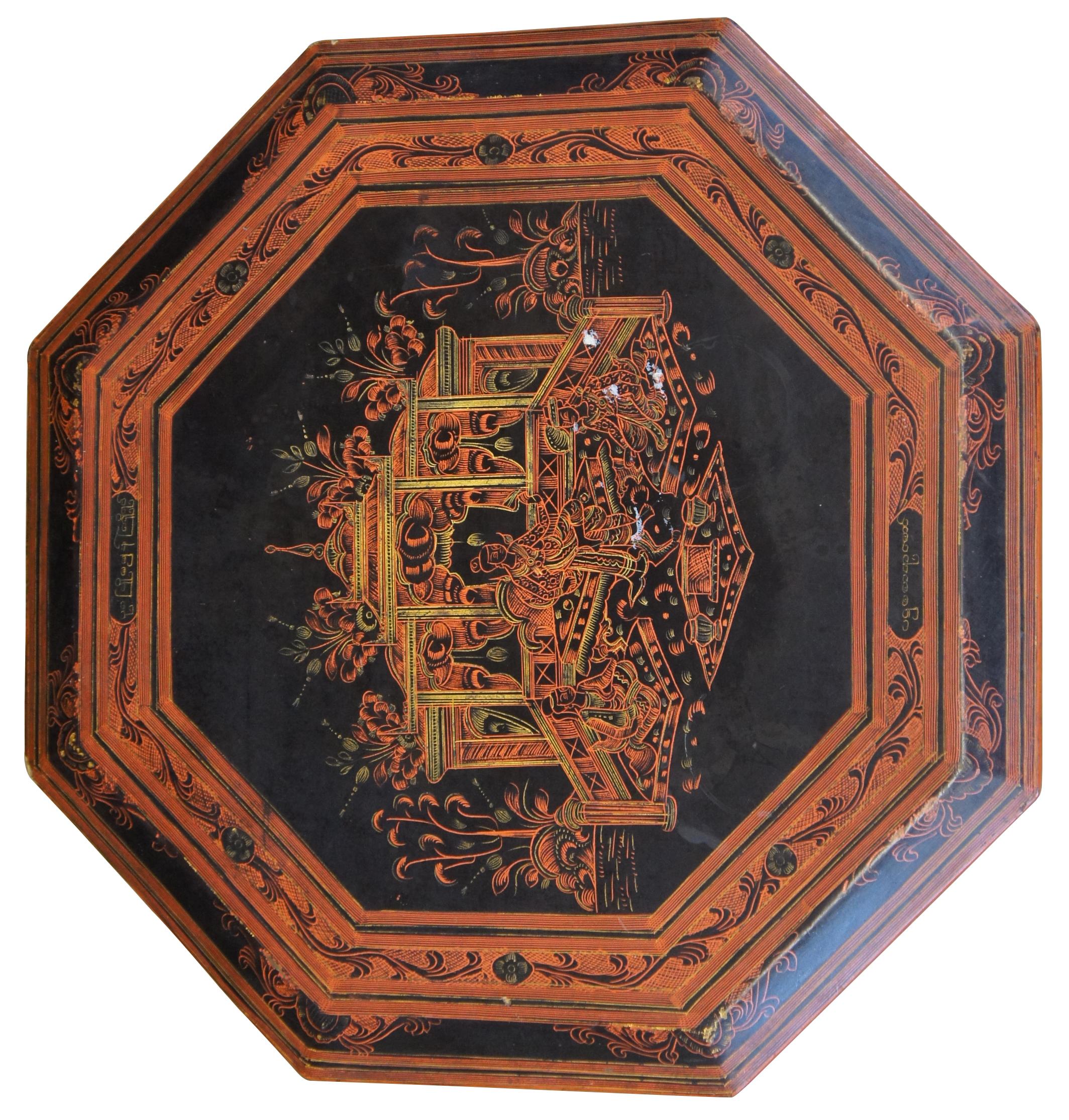 Bohemian 20th C. Burmese Red & Black Lacquer Octagon Painted Temple Scene Folding Table