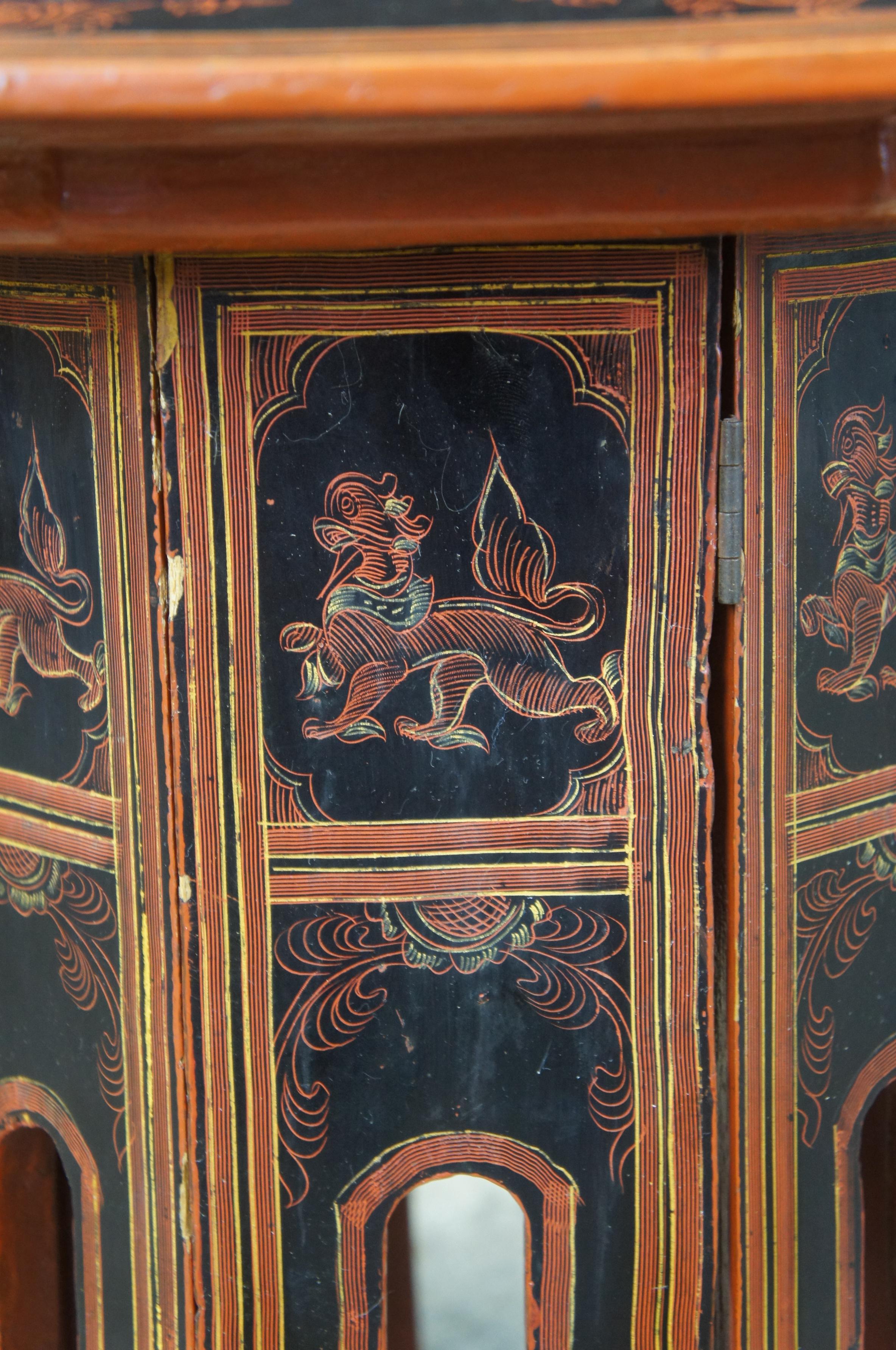20th C. Burmese Red & Black Lacquer Octagon Painted Temple Scene Folding Table 1