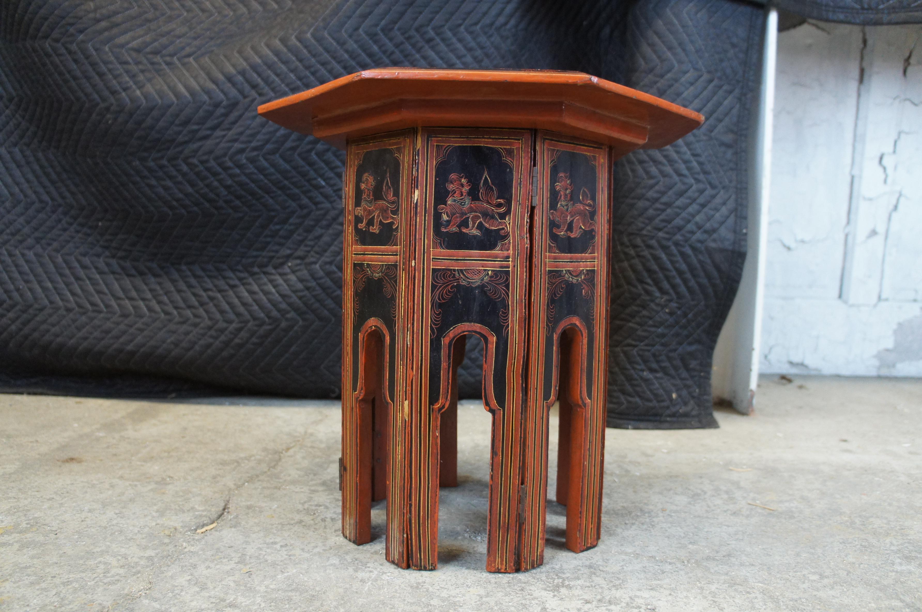 20th C. Burmese Red & Black Lacquer Octagon Painted Temple Scene Folding Table 2