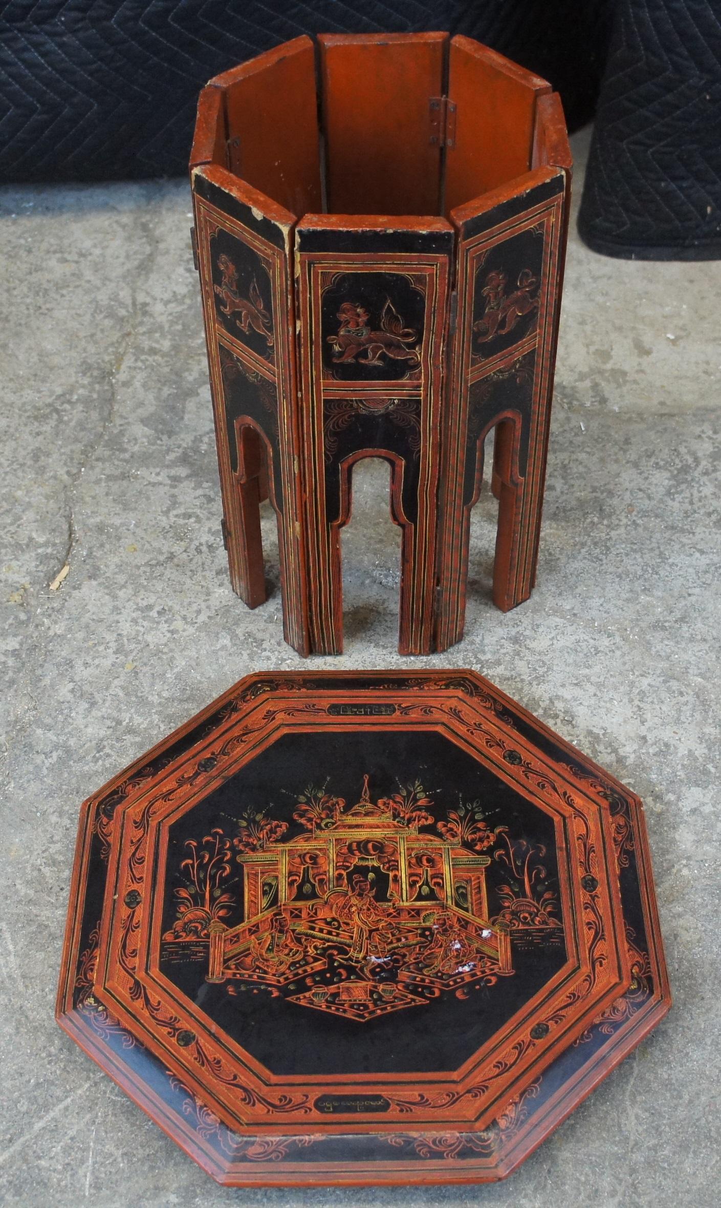 20th C. Burmese Red & Black Lacquer Octagon Painted Temple Scene Folding Table 3