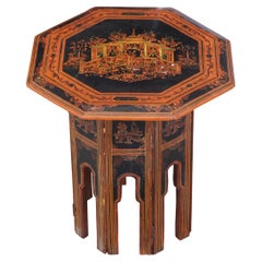 20th C. Burmese Red & Black Lacquer Octagon Painted Temple Scene Folding Table