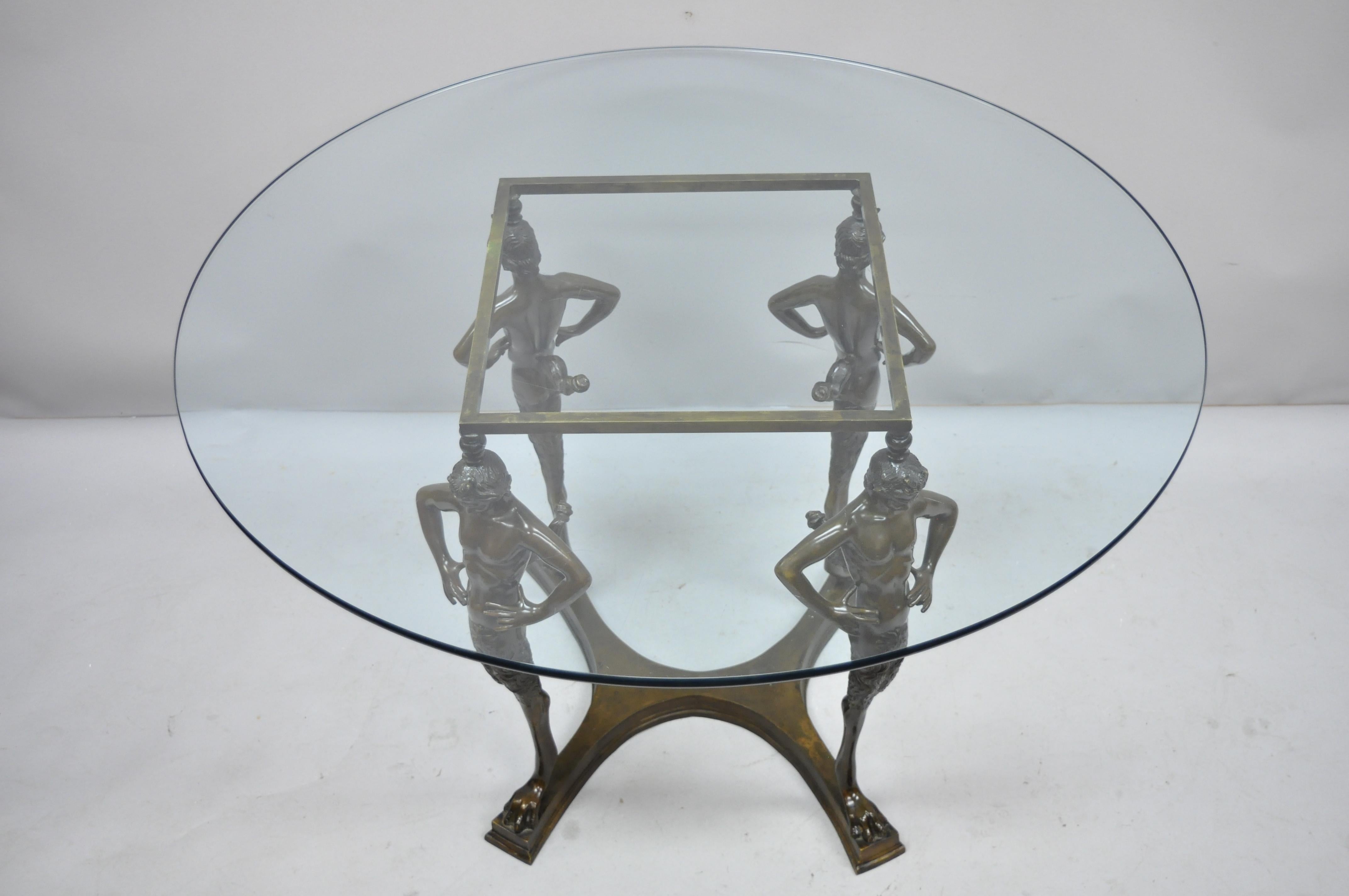 20th Century 20th C. Cast Bronze Satyr Figure Pedestal Base Glass Top Dining Center Table For Sale