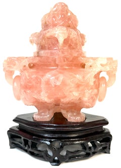 20th C. Chinese Carved Rose Quartz Archaistic Censer with Guardian Lion Finial