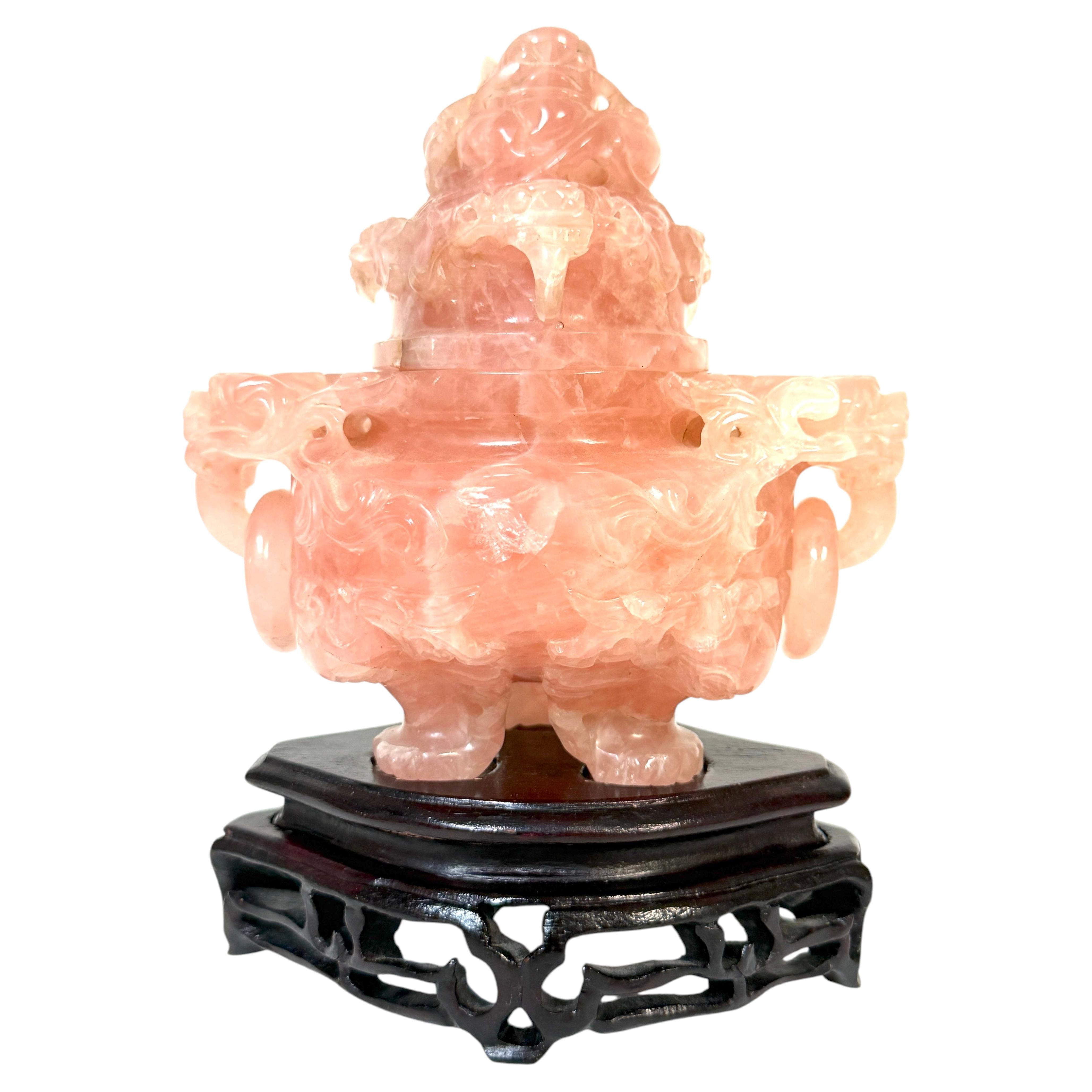 20th C. Chinese Carved Rose Quartz Archaistic Censer with Guardian Lion Finial