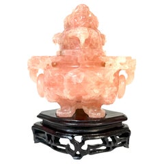 20th C. Chinese Carved Rose Quartz Archaistic Censer with Guardian Lion Finial
