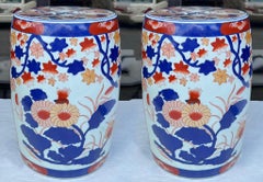 20th-C. Chinese Export Imari Style Blue and Orange Garden Seats / Tables, Pair