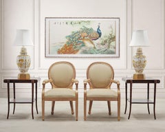 20th C. Chinese Export Pair of Peacocks and Flowers Painting