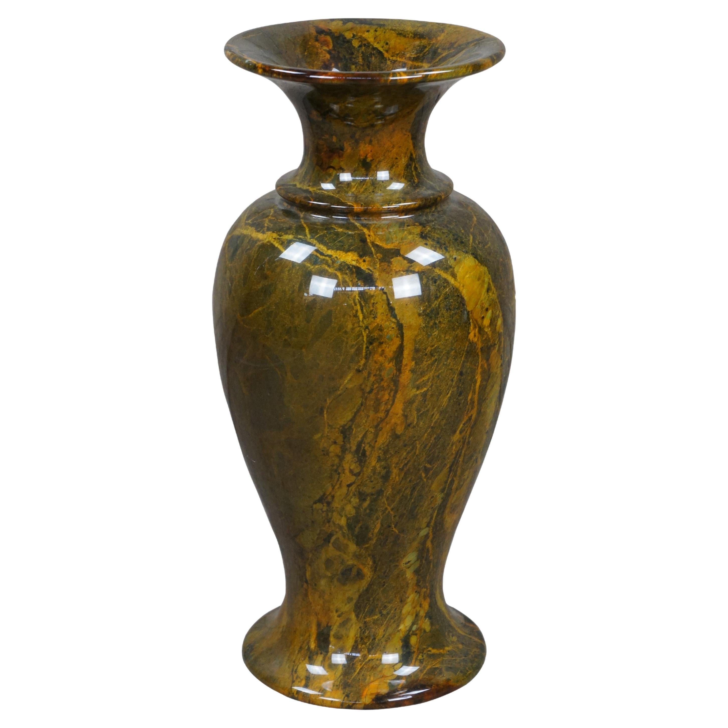 20th C. Chinese Yellow Green Natural Jade Carved & Polished Marble Vase Urn 23" For Sale