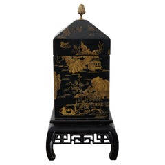 20th C Chinoiserie Black Lacquered Cannister On Stand Pagoda Scene Tea Caddy Box