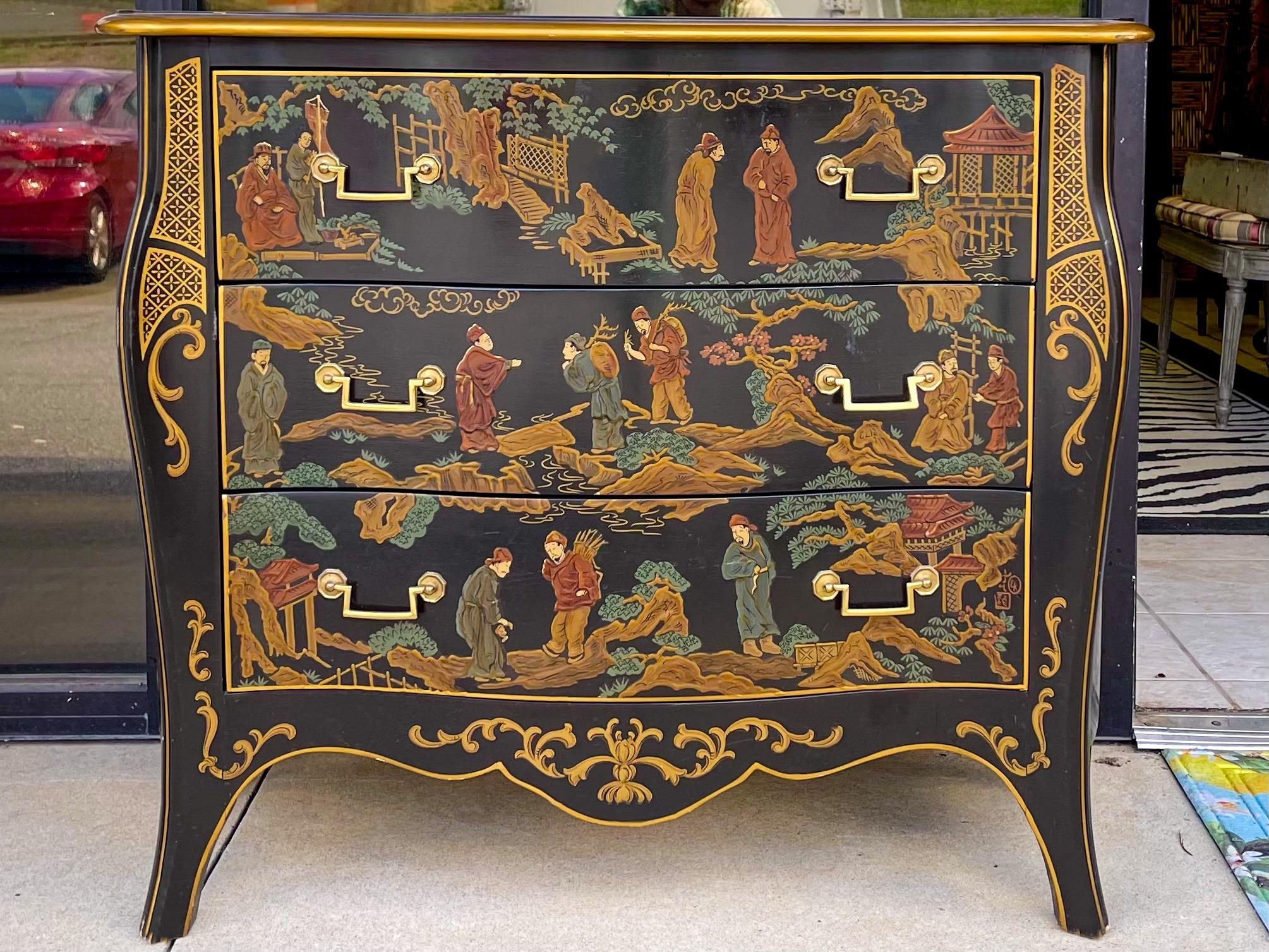 American 20th-C. Chinoiserie Serpentine Black and Gilt Chest of Drawers by Drexel, Pair