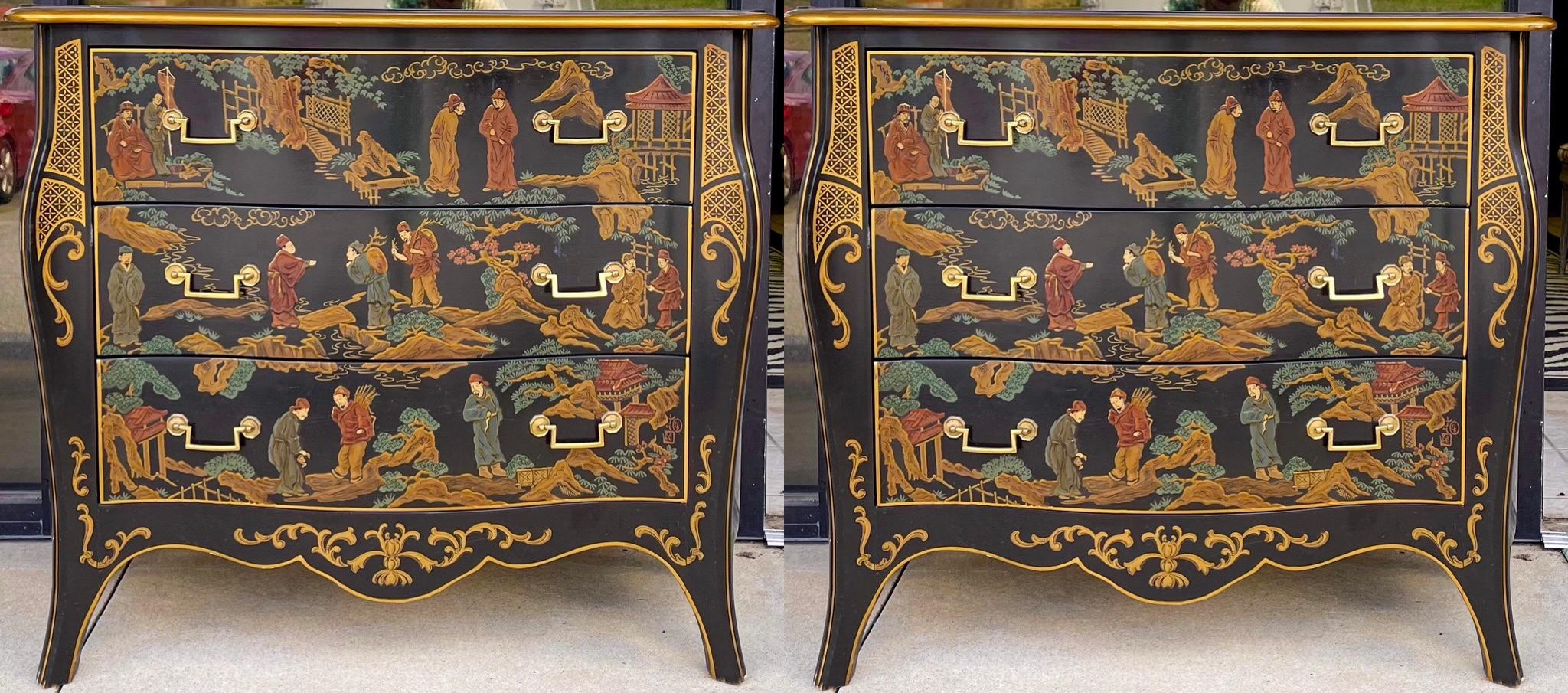 20th Century 20th-C. Chinoiserie Serpentine Black and Gilt Chest of Drawers by Drexel, Pair