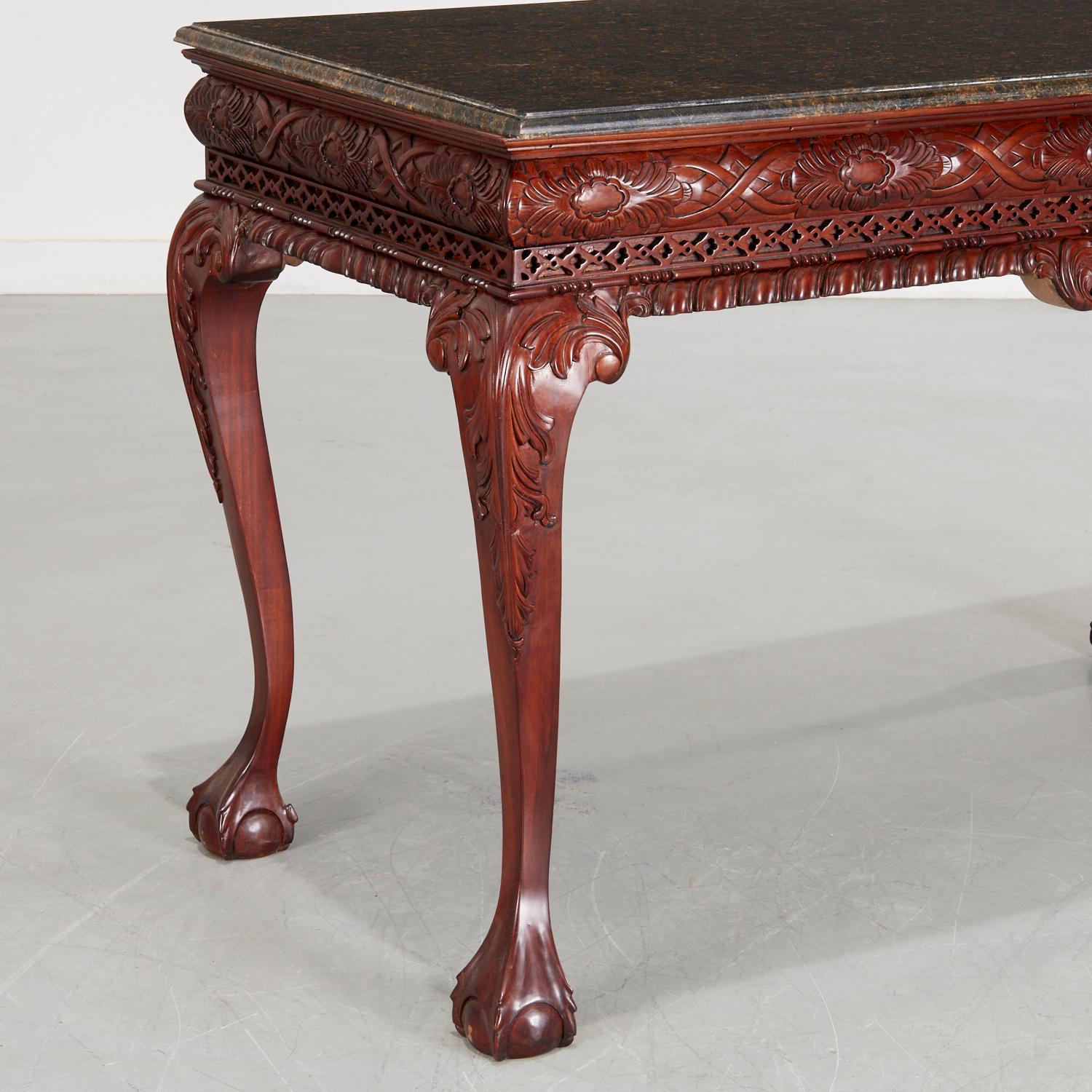 American 20th C. Chippendale Style Mahogany Console Table with Green Marble Top  For Sale