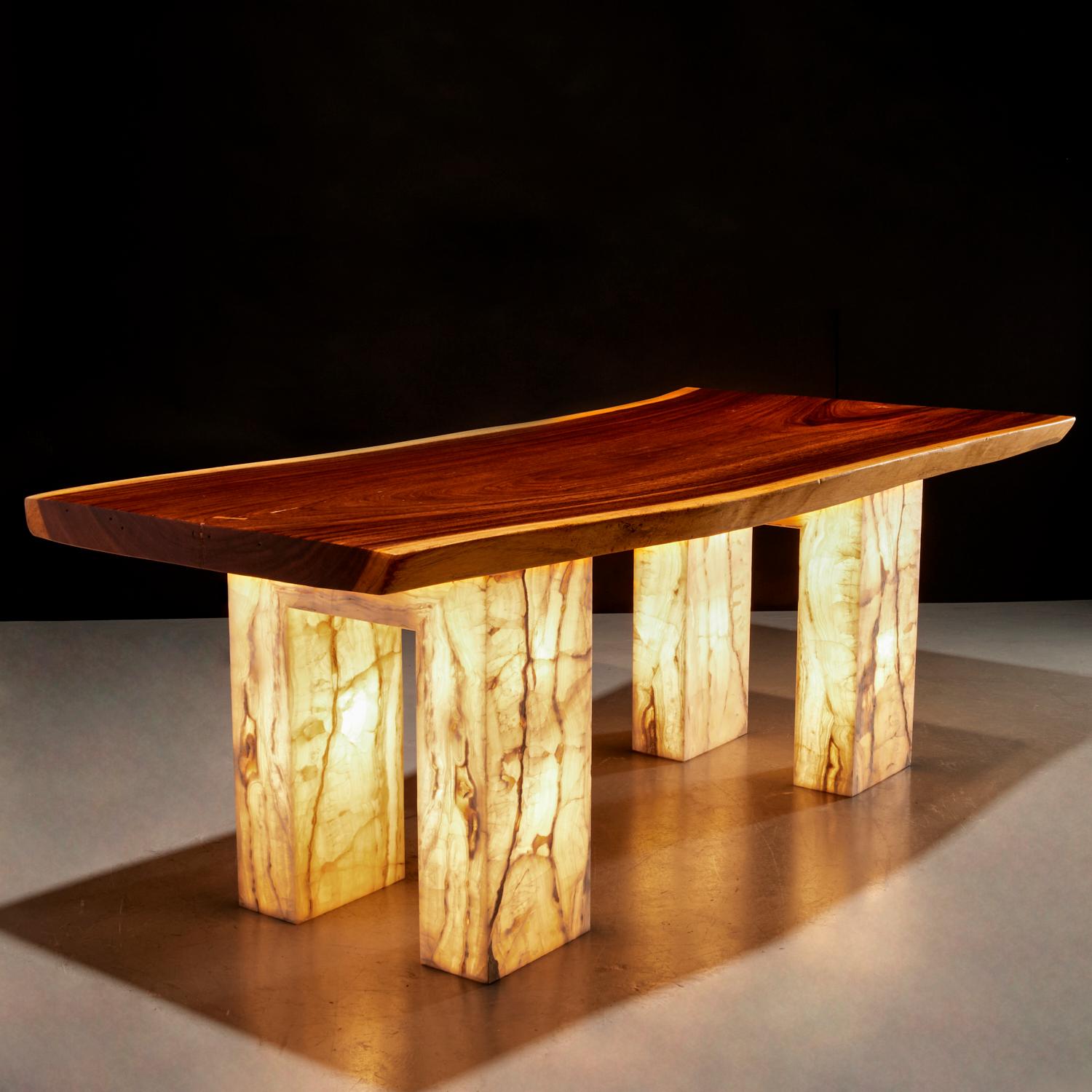20th c. Christopher Guy,  Custom Hawaiian Koa Wood and Lighted Onyx Dining Table For Sale 3