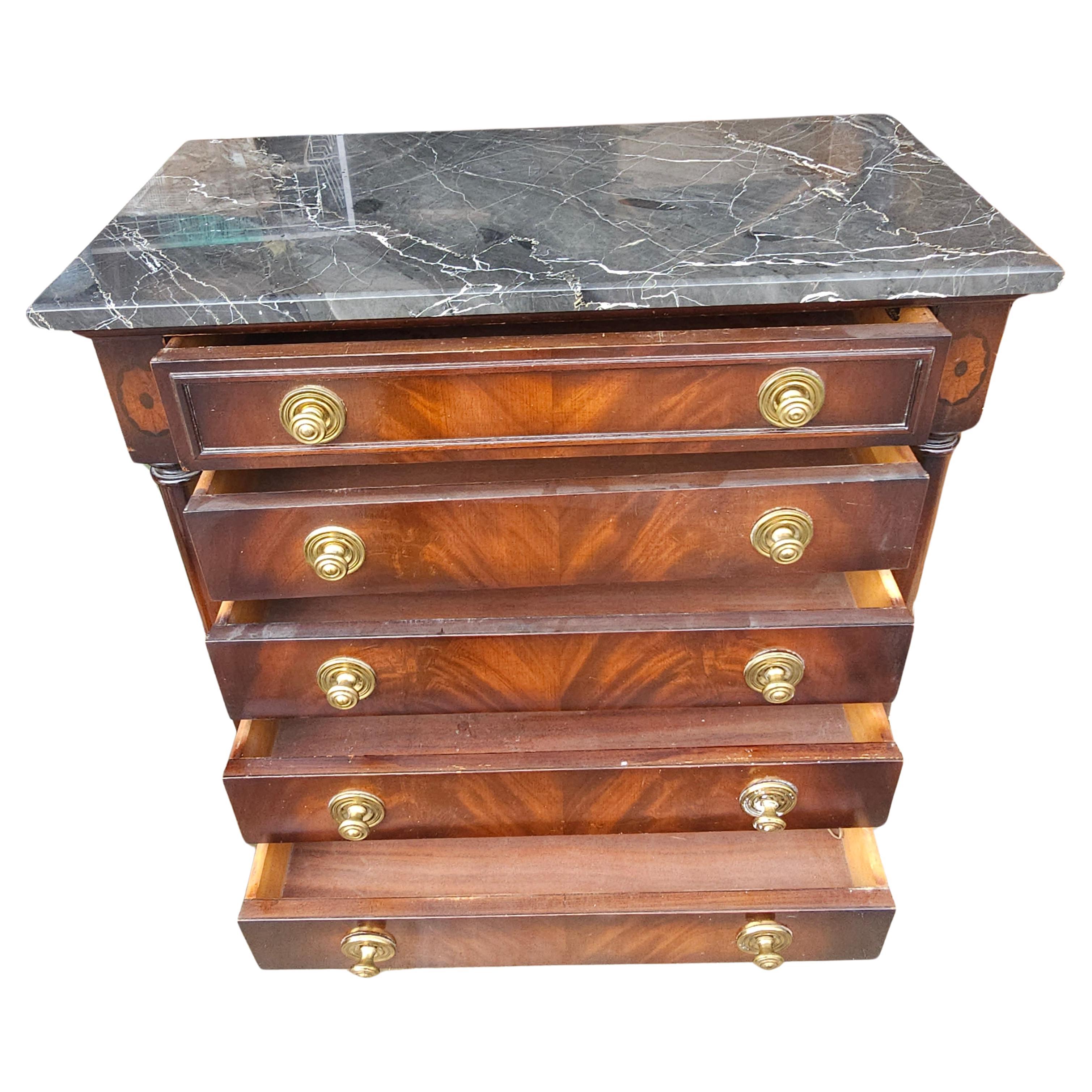 20th Century Colony House Furniture American Empire Style Mahogany Chest of Drawers with Marble Top. Dovetail Drawers operating flawlessly. Very good vintage condition. Measures 30