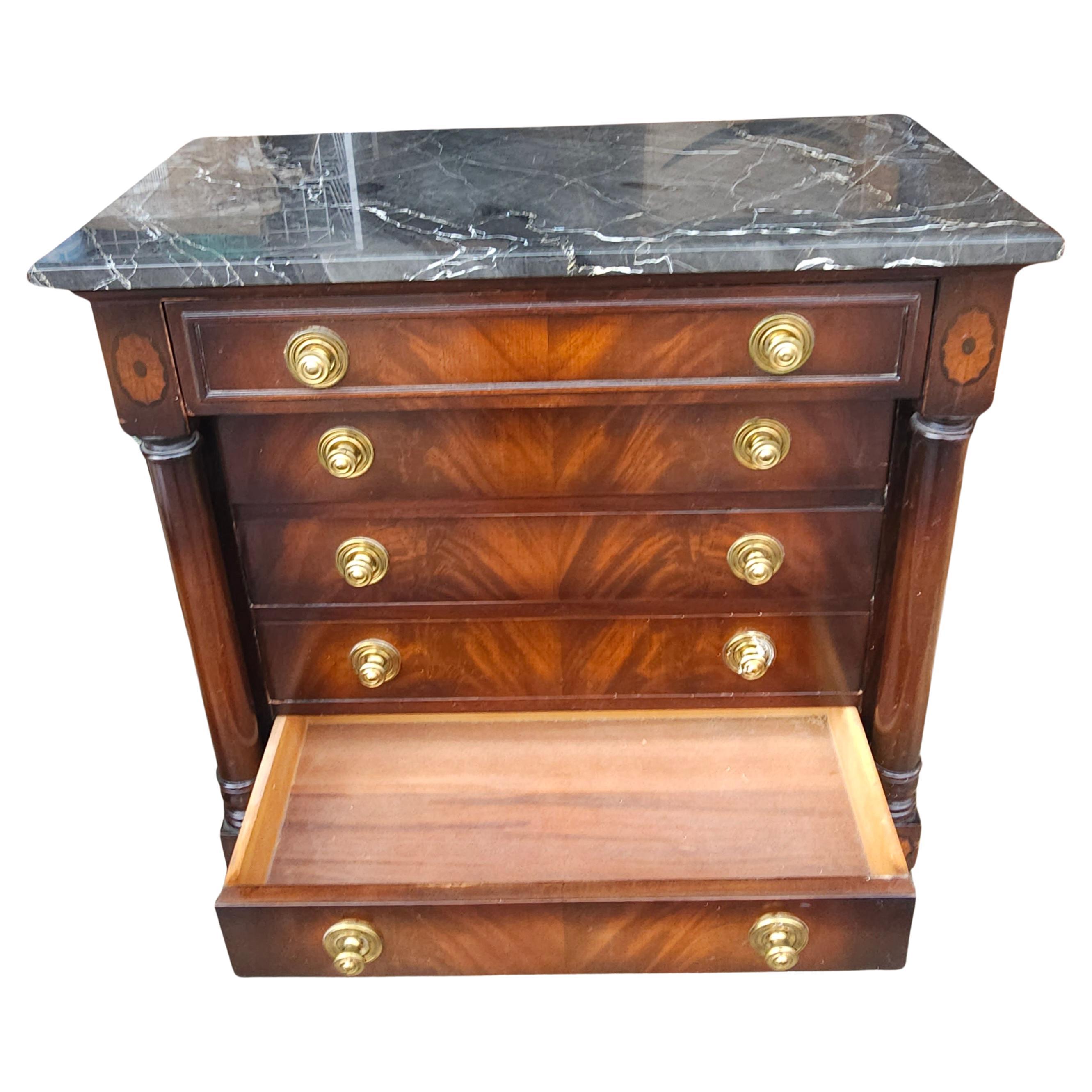 Brass 20th C Colony House American Empire Style Mahogany Chest of Drawers w Marble Top For Sale