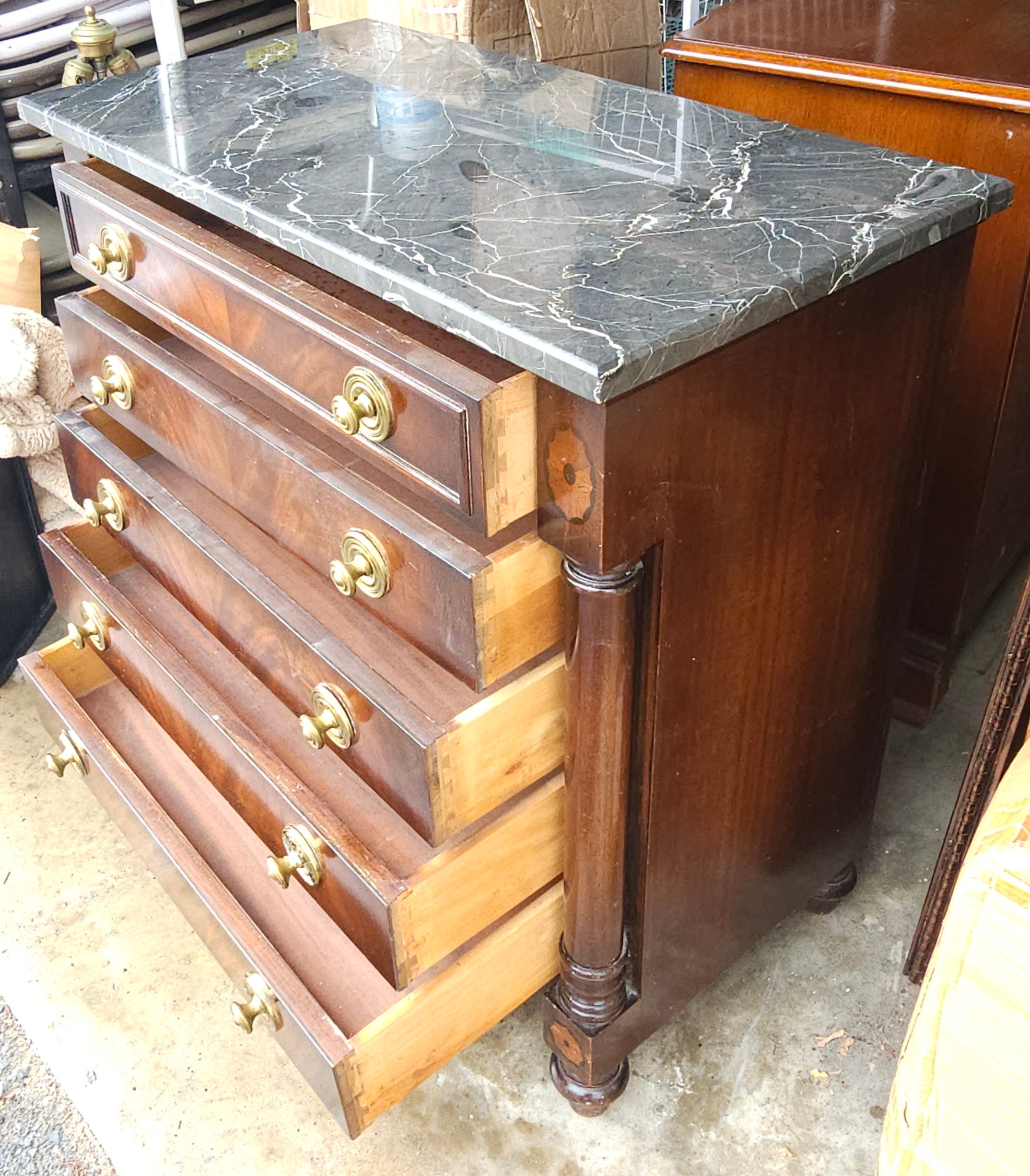 20th C Colony House American Empire Style Mahogany Chest of Drawers w Marble Top For Sale 2