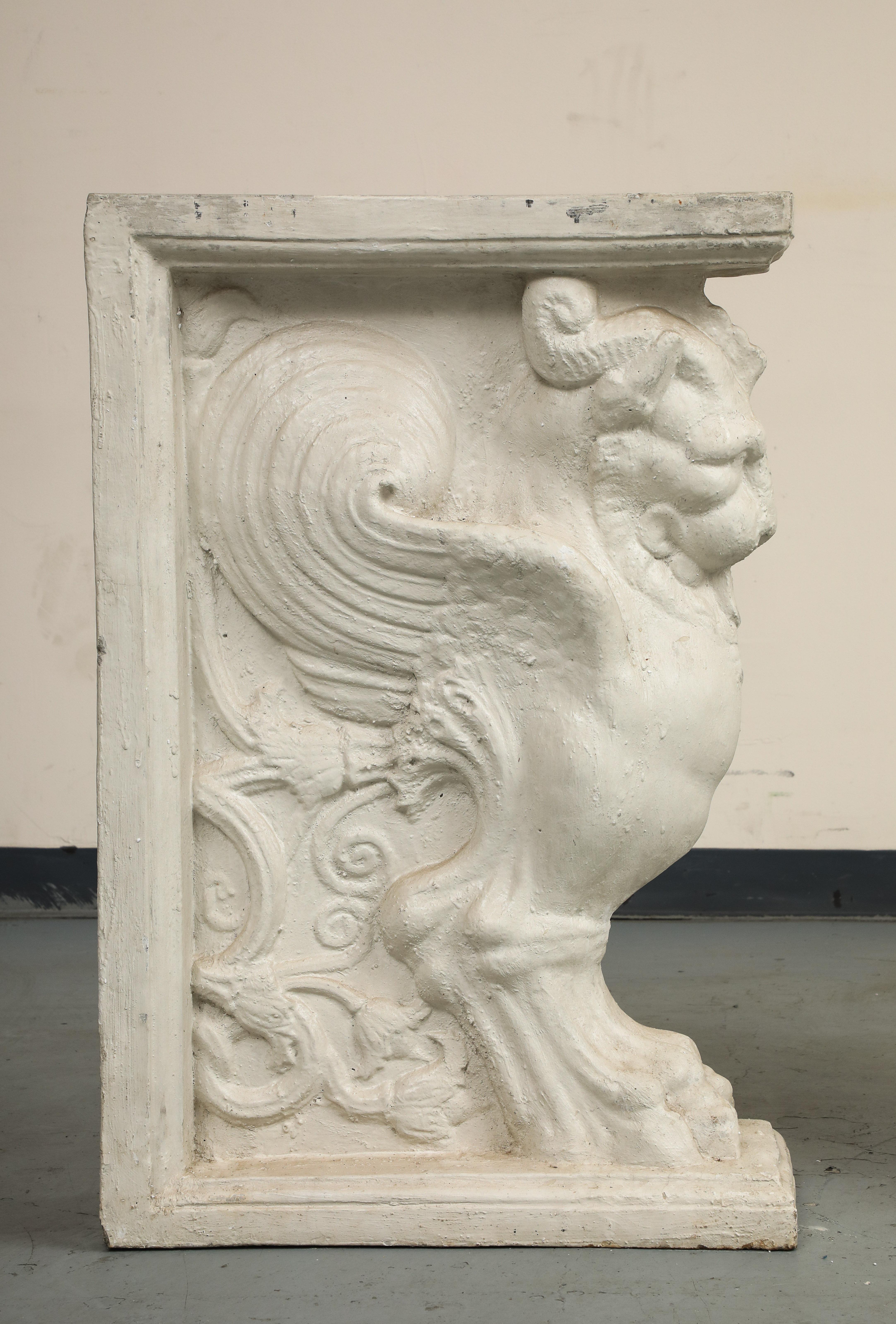20th C. Console Table Cast Stone Winged Lion Pedestals & Marble Top For Sale 5
