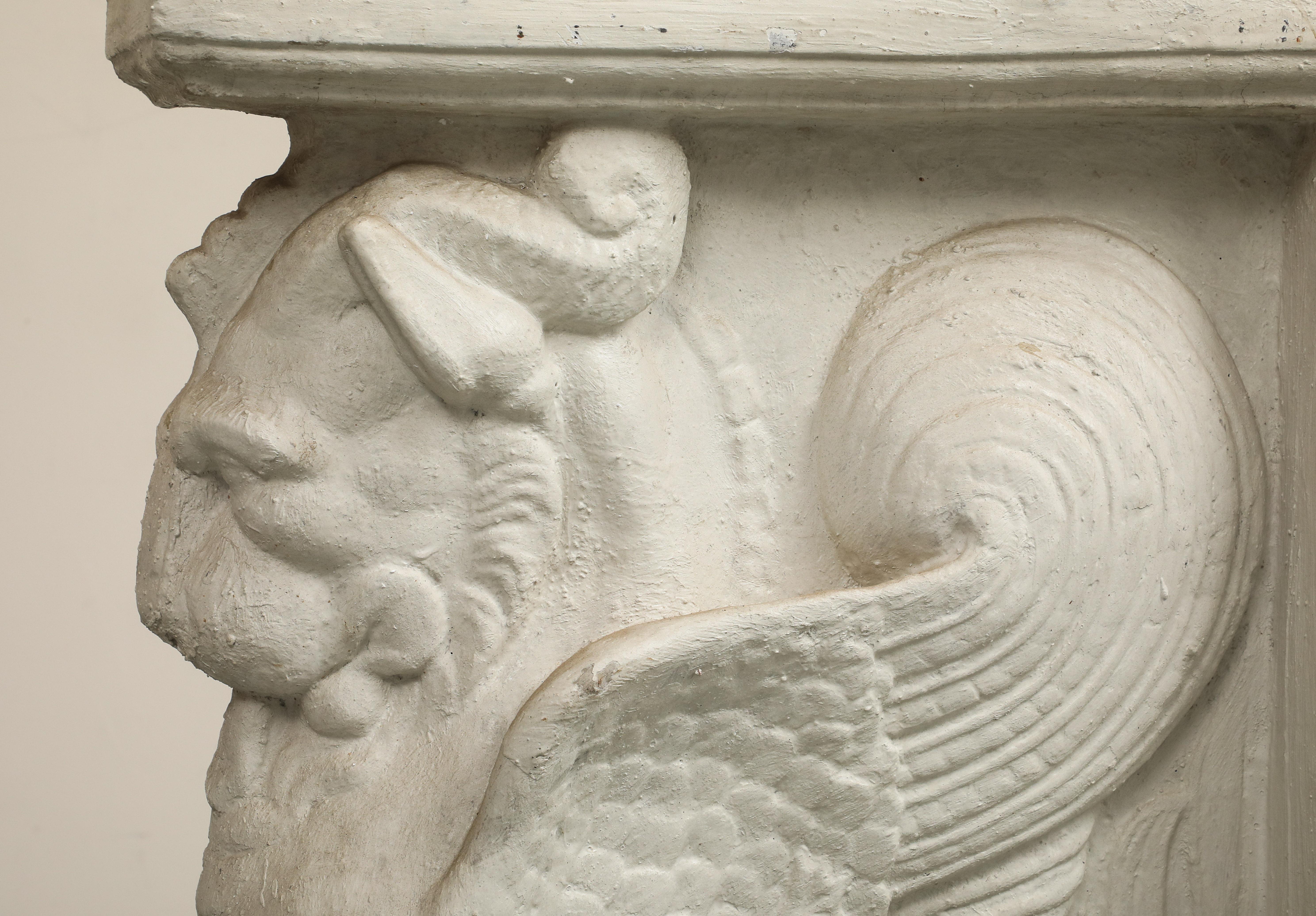 20th C. Console Table Cast Stone Winged Lion Pedestals & Marble Top For Sale 6
