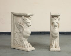 20th C. Console Table Cast Stone Winged Lion Pedestals & Marble Top