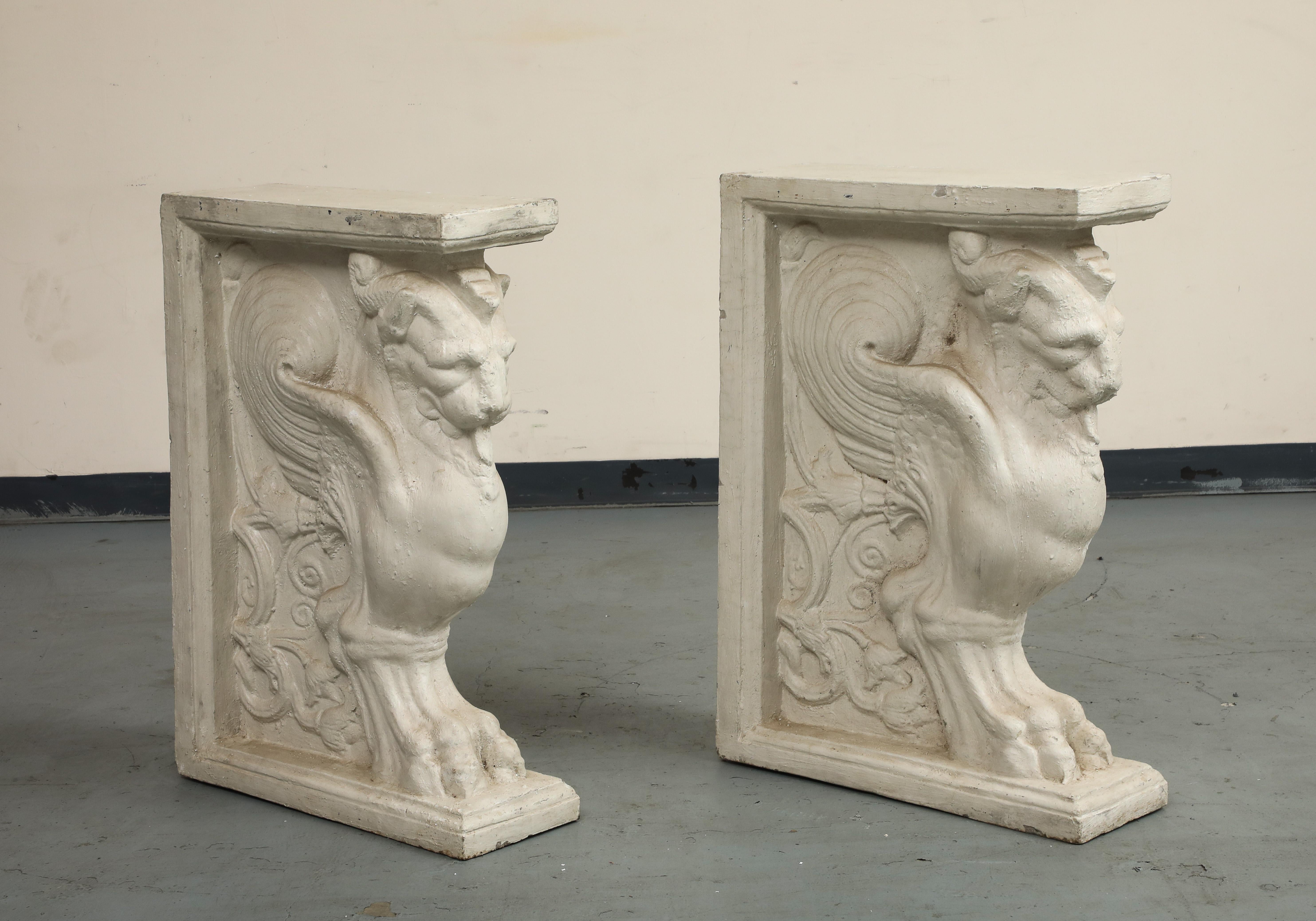 Greek Revival 20th C. Console Table Cast Stone Winged Lion Pedestals & Marble Top For Sale