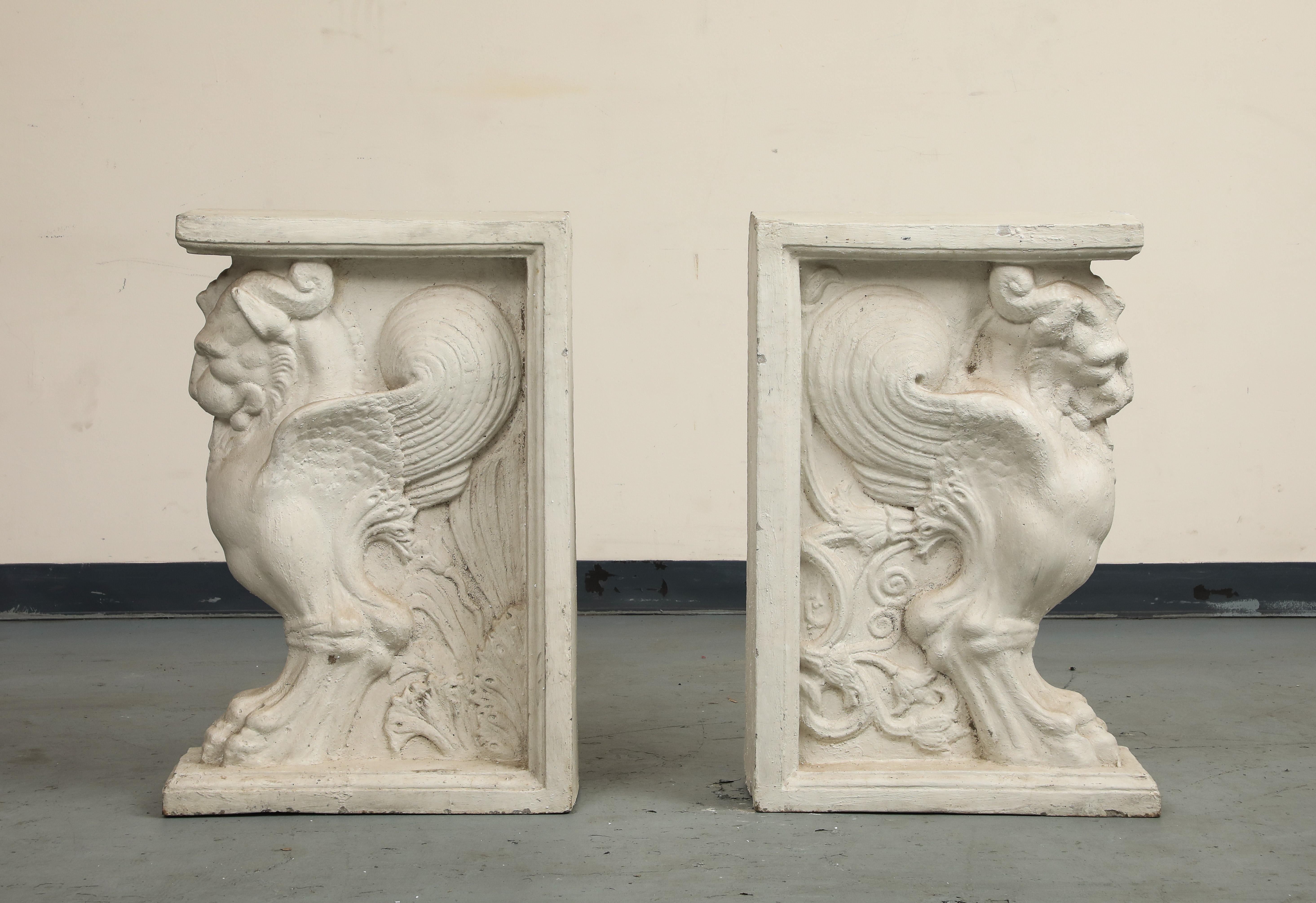 20th Century 20th C. Console Table Cast Stone Winged Lion Pedestals & Marble Top For Sale