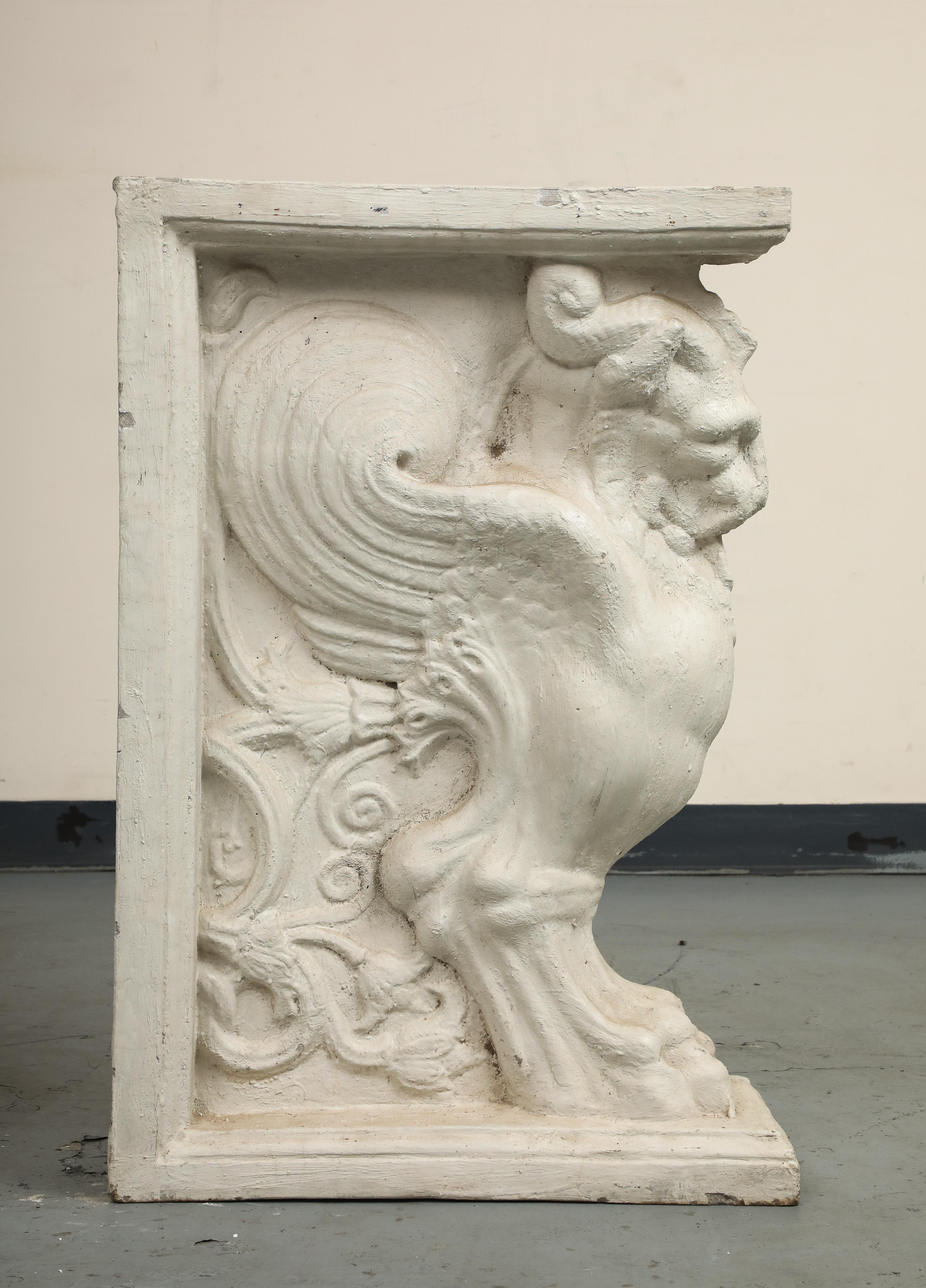 20th C. Console Table Cast Stone Winged Lion Pedestals & Marble Top For Sale 1